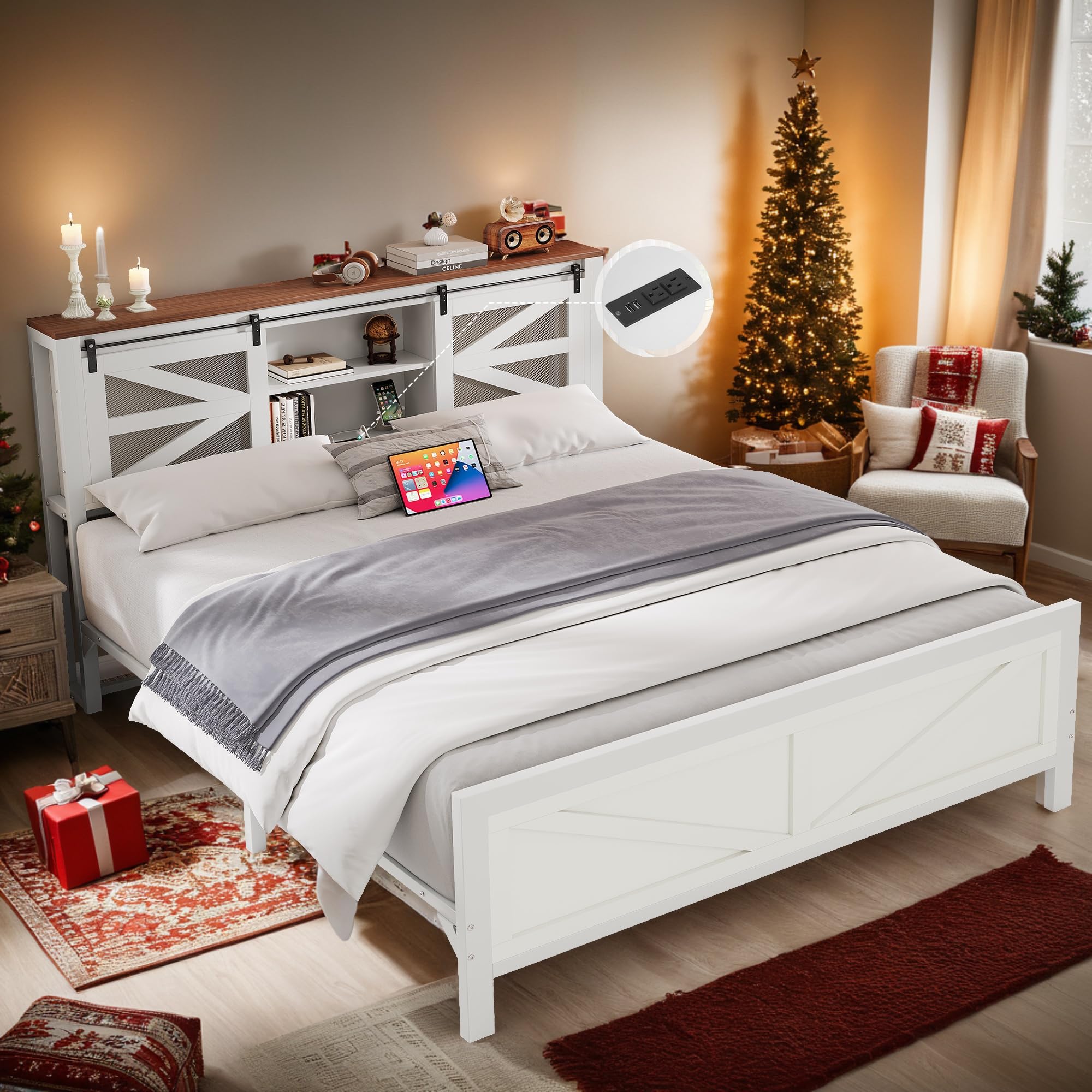 YITAHOME Farmhouse Queen Size Bed Frame with Headboard, Bookcase Storage Shelves, Sliding Grid Barn Door, Charging Station, Rustic Wood Platform Bed, No Box Spring Needed, White