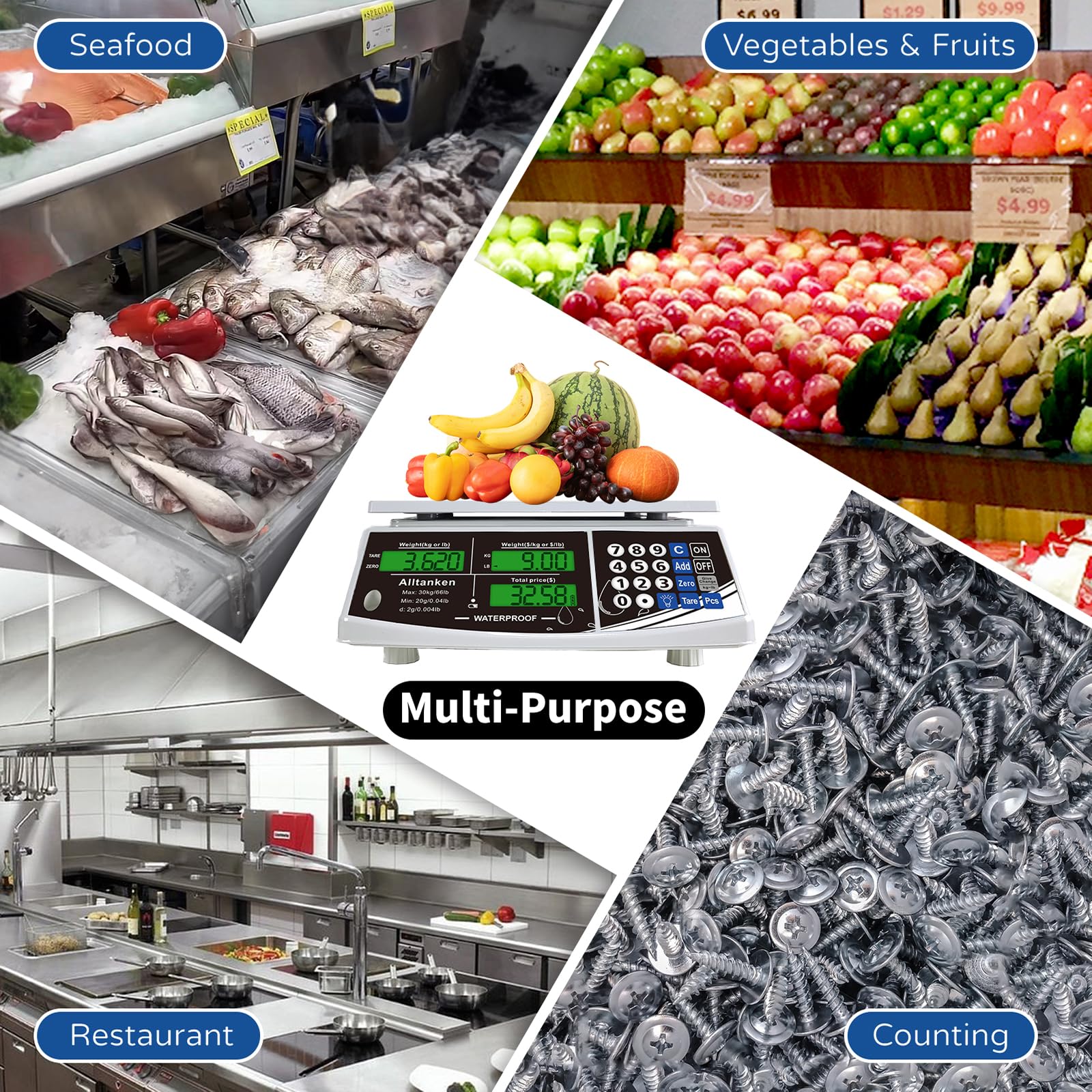 Báscula de cálculo de precios impermeable IP68, báscula digital de 66 libras para alimentos comerciales y carnes con pantalla LCD verde