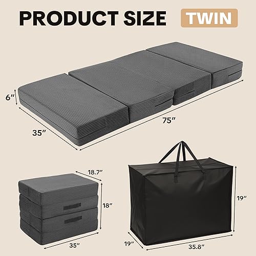 Miniatura 2 de HOMBYS Colchón plegable de espuma viscoelástica de 6 pulgadas, tamaño individual, colchón grueso portátil de 4 pliegues con funda extraíble lavable