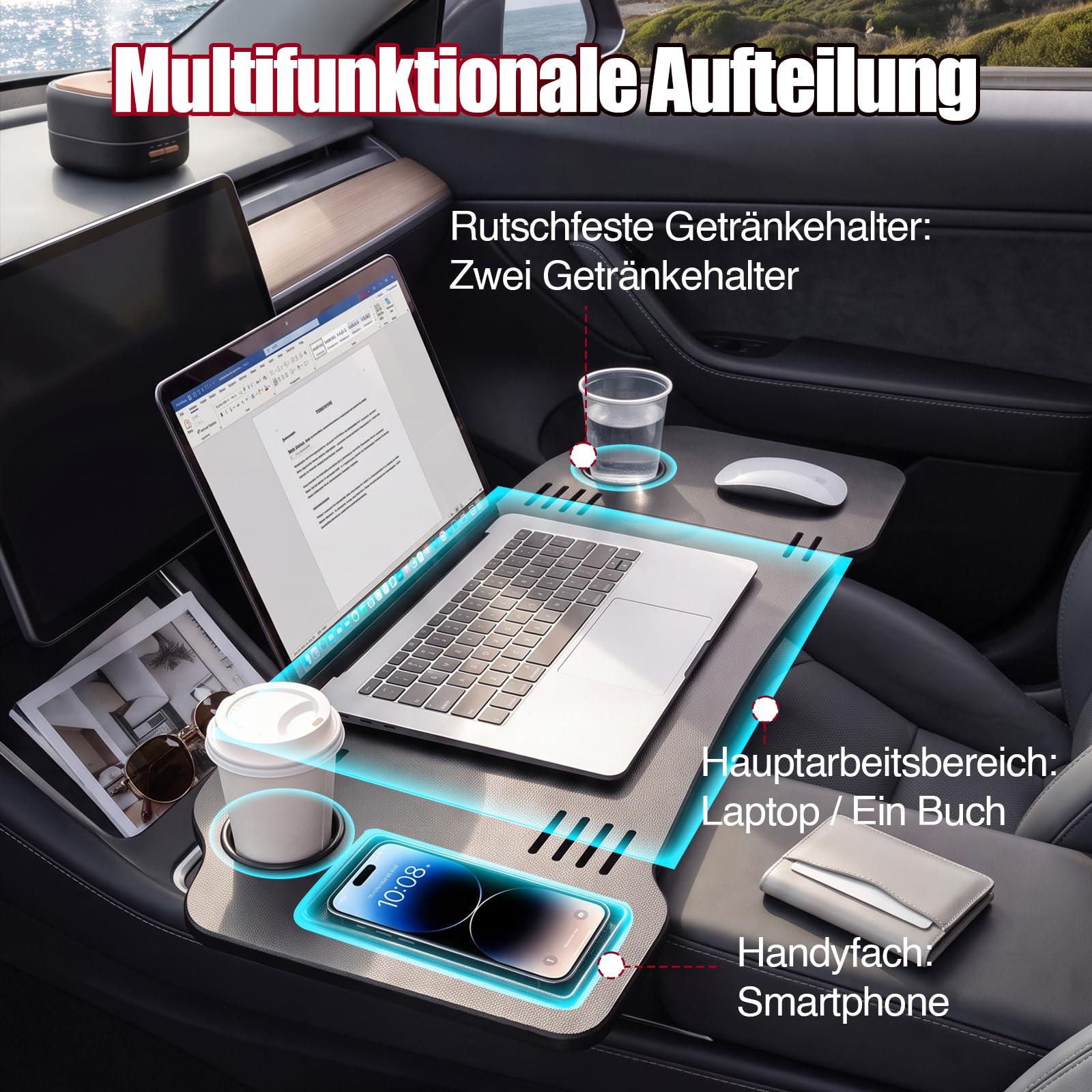Klappbarer Autotisch Mit Getränkehalter, Dreiteilig Klappbar, Hohe Belastbarkeit, Geeignet Für Den Fahrer- Und Beifahrersitz, Ideal Zum Arbeiten Und Essen