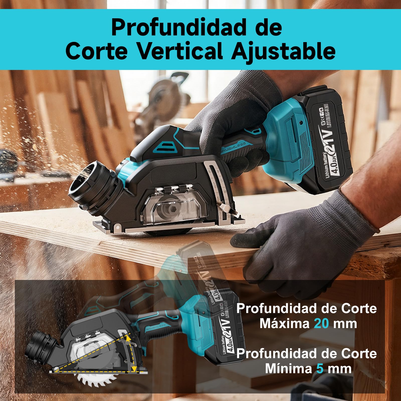 YEARTOP Mini Sierra Circular Batería 18V Amoladora 3" con 2x 4.0Ah Accu | Sierra compatible con batería Makita 18V. Corte ajustable, conexión aspiradora y 5 discos para azulejo, madera, metal