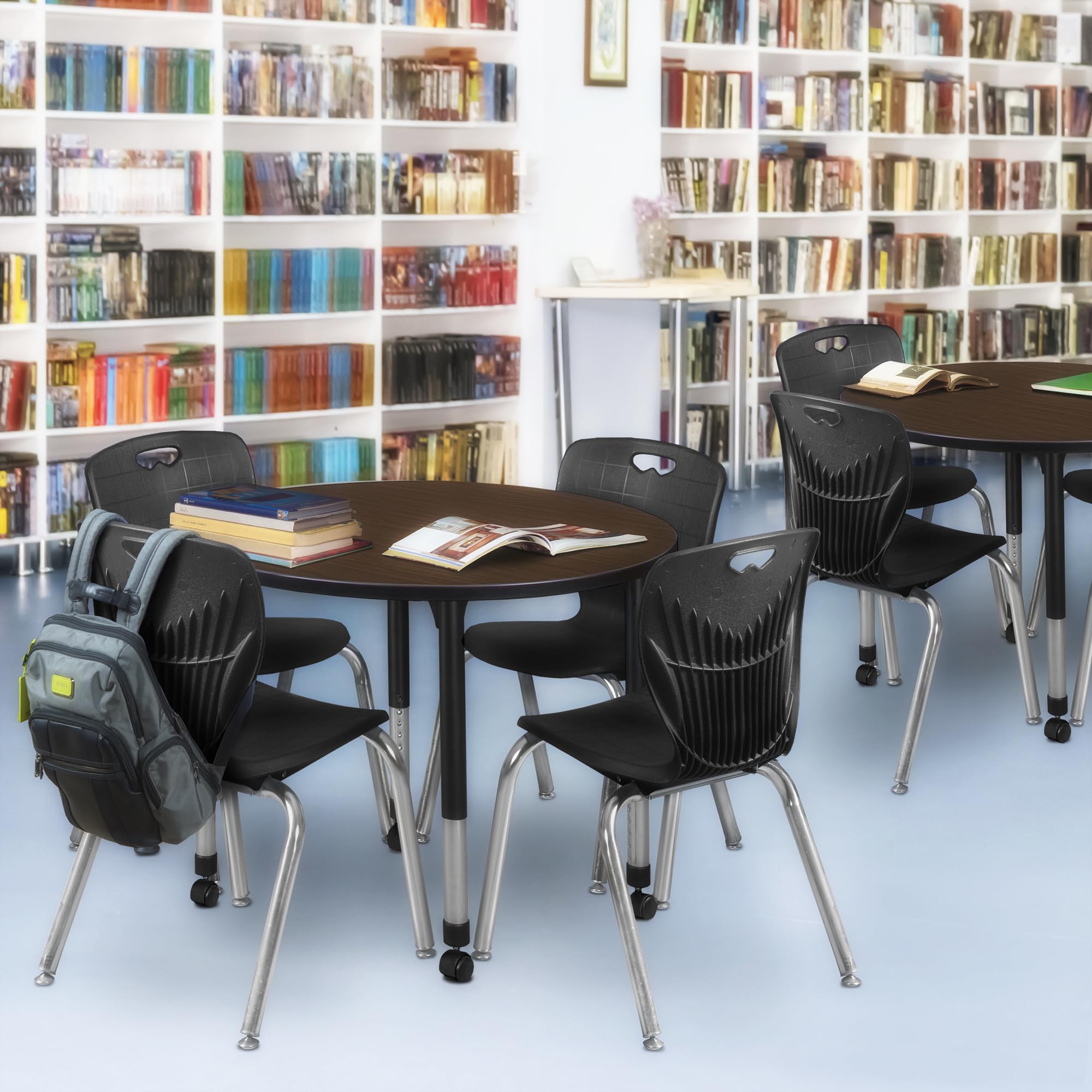 Regency Kee 42 in. Round Mobile Adjustable Classroom Table- Neo Walnut Top, Black Base & 4 Andy 18 in. Black Stack Chairs