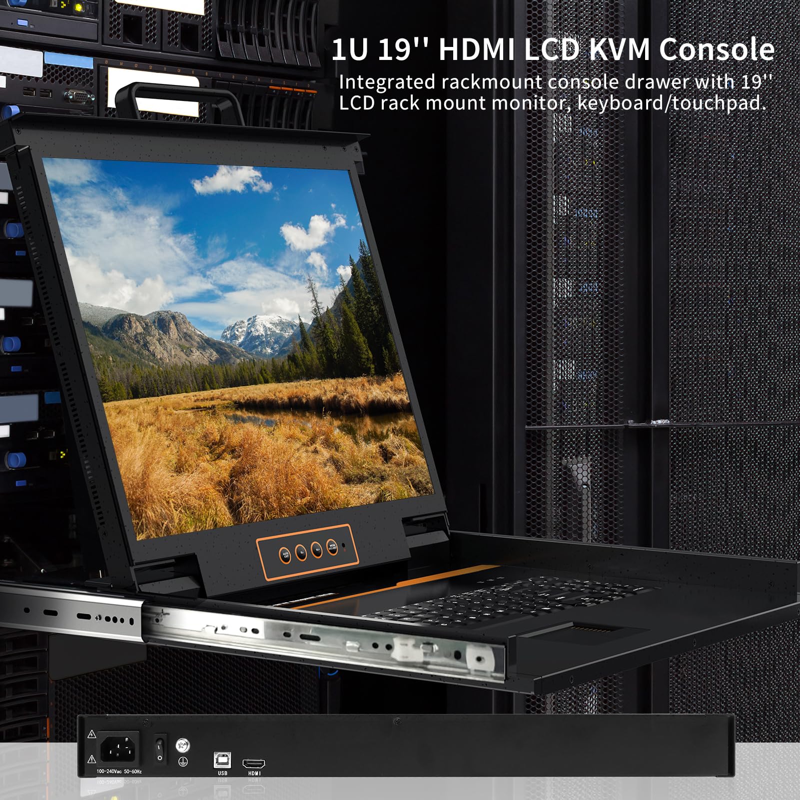 1U Rack Mount KVM Console-19'' Rackmount Monitor Keyboard and Single Port HDMI KVM, 50,000 MTBF,1280X1024 60Hz,17.6×19.9×1.67 Inches(WXDXH),Fit 1U 19'' Rack, 1 USB HDMI Cable,1 Power Cord, 4 Brackets