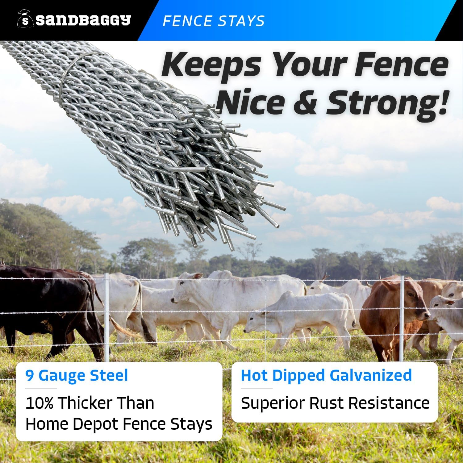 Sandbaggy 42 inch Wire Fence Stays for Barbed & Barbless Wire - Premium Class 1 Galvanized Steel (Rust Resistant) - Heavy 9 Gauge Steel (50)