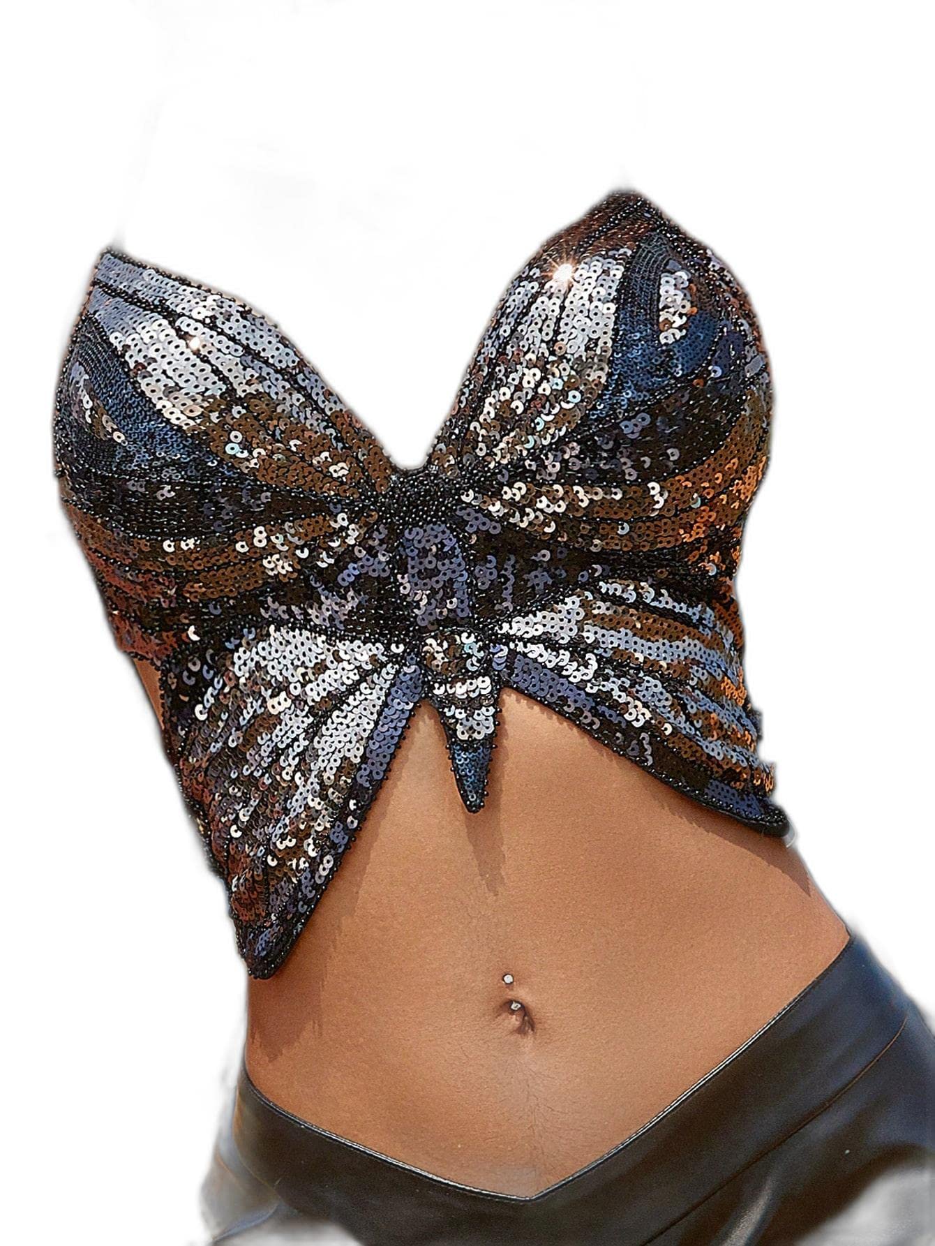 Apperloth A Rave Butterfly Shape Tie Back Sequin Halter Crop Top, M1704330, Multicolor, L