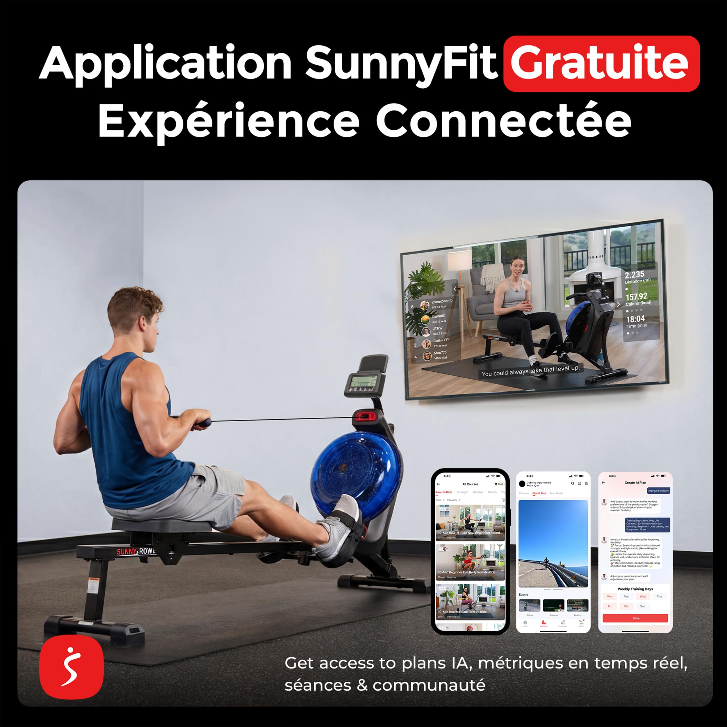 Rameur à Eau Sunny Health & Fitness Elite – Réservoir Vertical 60°, 16 Niveaux De Résistance Magnétique, Bluetooth, Application SunnyFit Gratuite, Rail 124 Cm