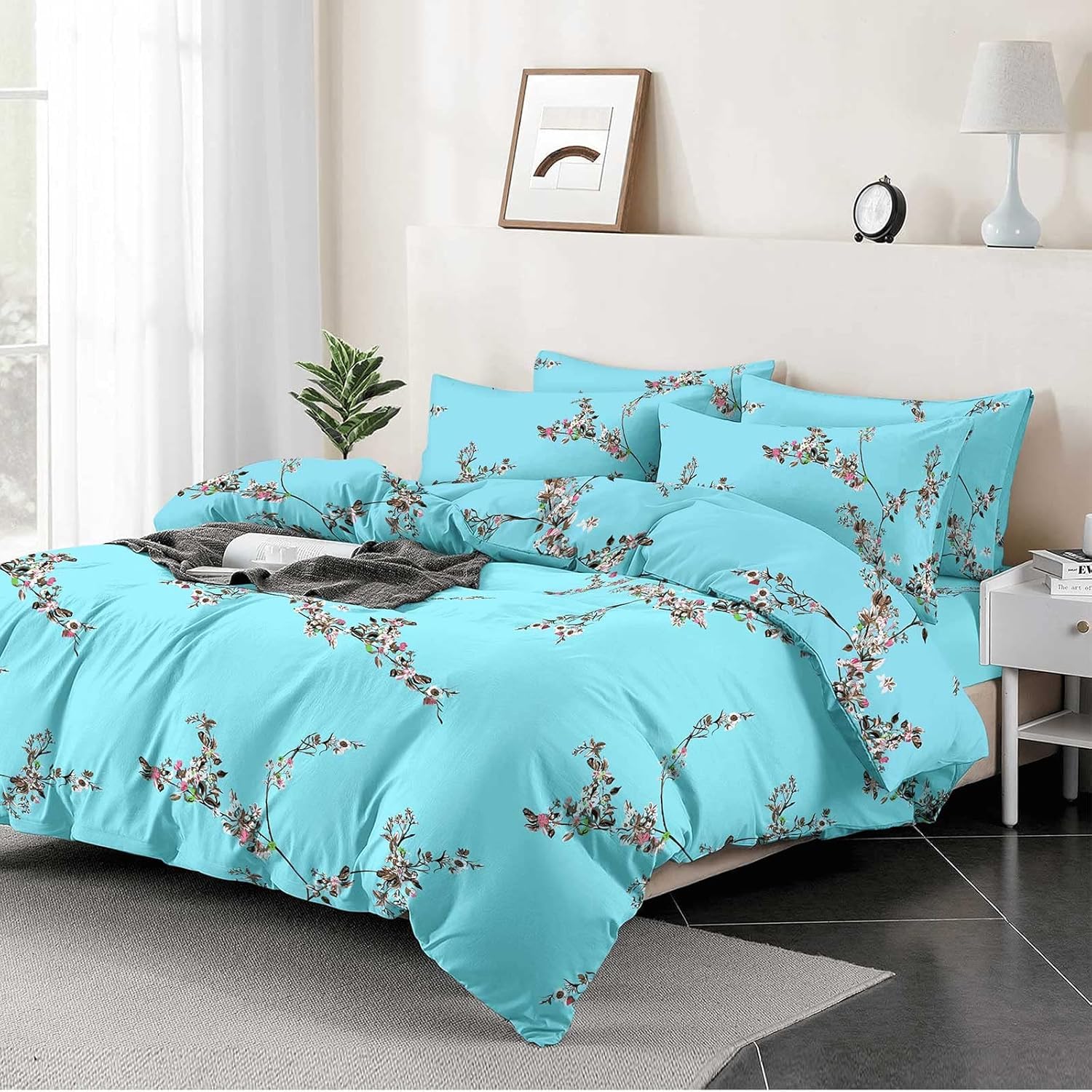 EverSoft Duvet Cover Set | 100% Egyptian Cotton 400 Thread Count | Reversible Floral Print Bedding Set with 2 Pillowcases | Ultra Soft Luxury Quilt Cover (Sky Blossom, Super King)