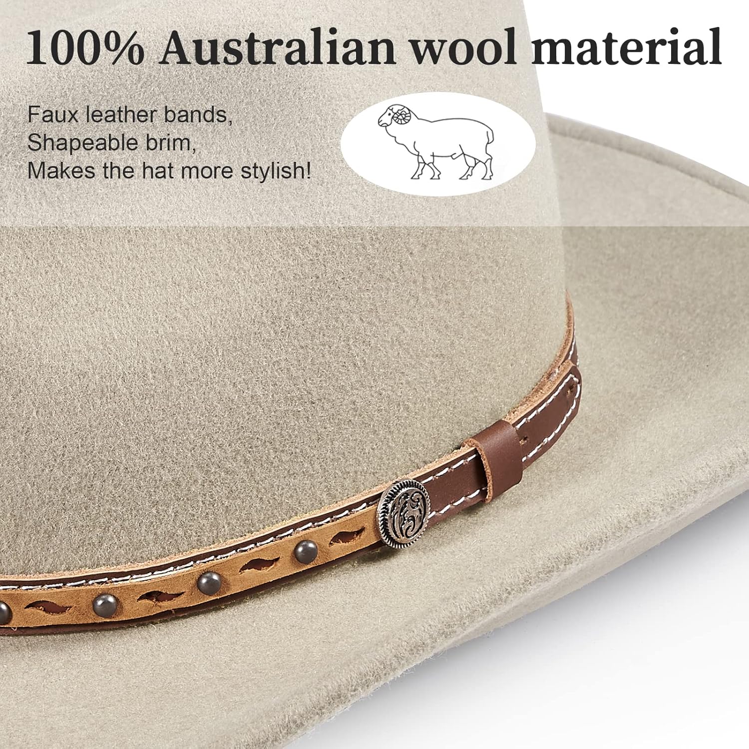 MIX BROWN Cowboy Hat Water-Resistant Felt Hats 100% Wool Wide Brim Western Panama Rancher Hat for Women Men - Image 3