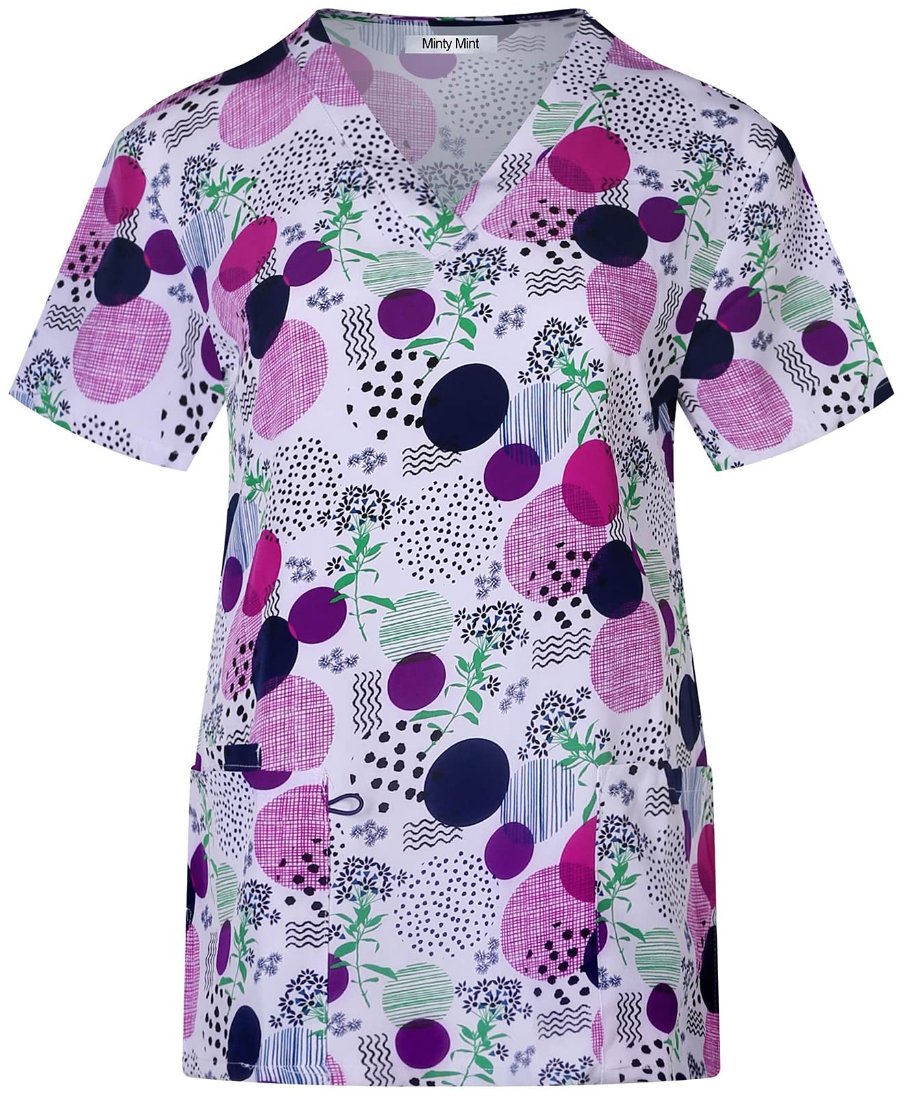 Minty Mint Women's Comfortable Easy Fit Lightweight Durable Stretch Printed V-Neck Medical Scrub Top fd03fc White L