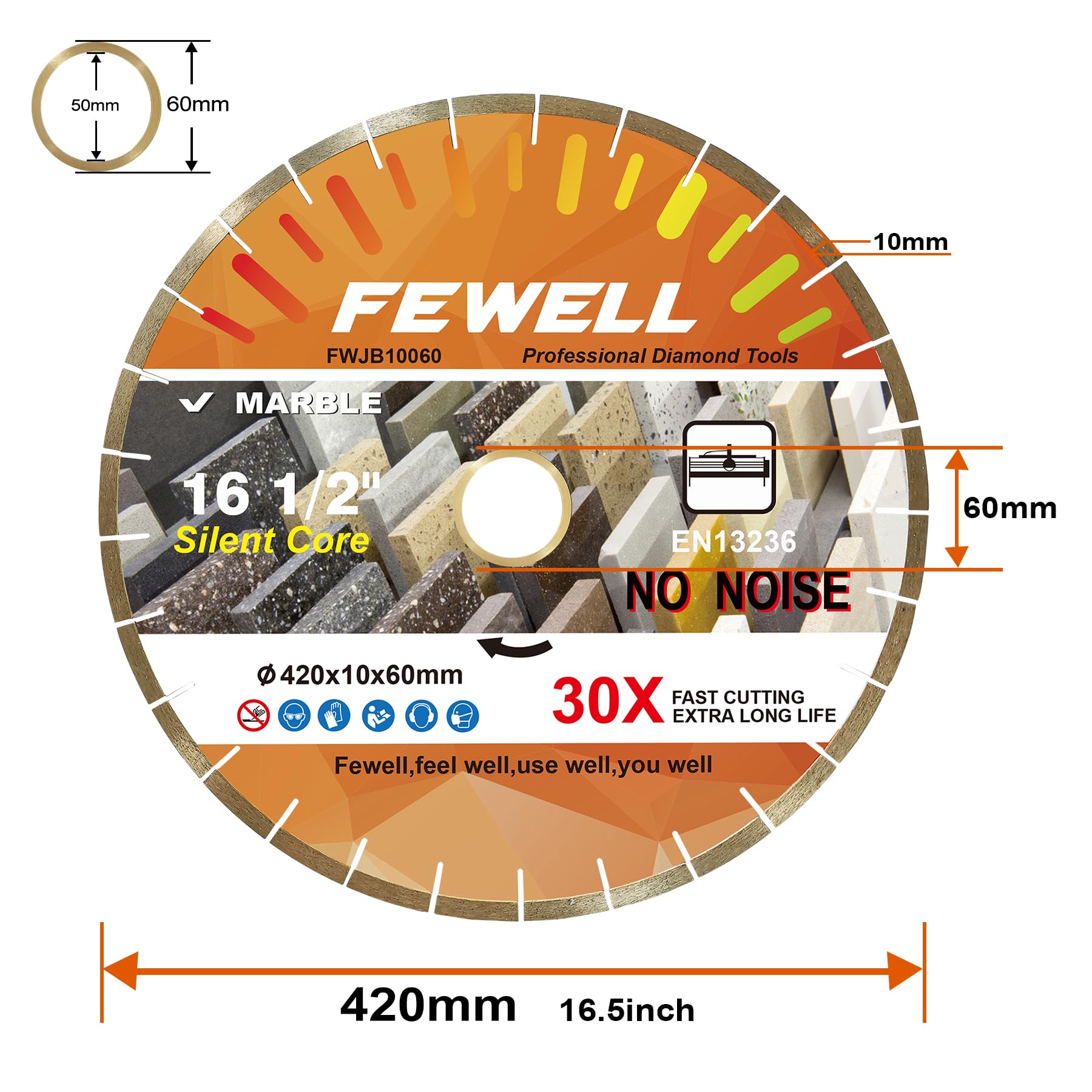 FEWELL Diamentowa tarcza do cięcia marmuru 420 mm, cicha tarcza diamentowa 10 mm segment diamentowa brzeszczot piły 60 mm trzpień z pierścieniem 50 mm