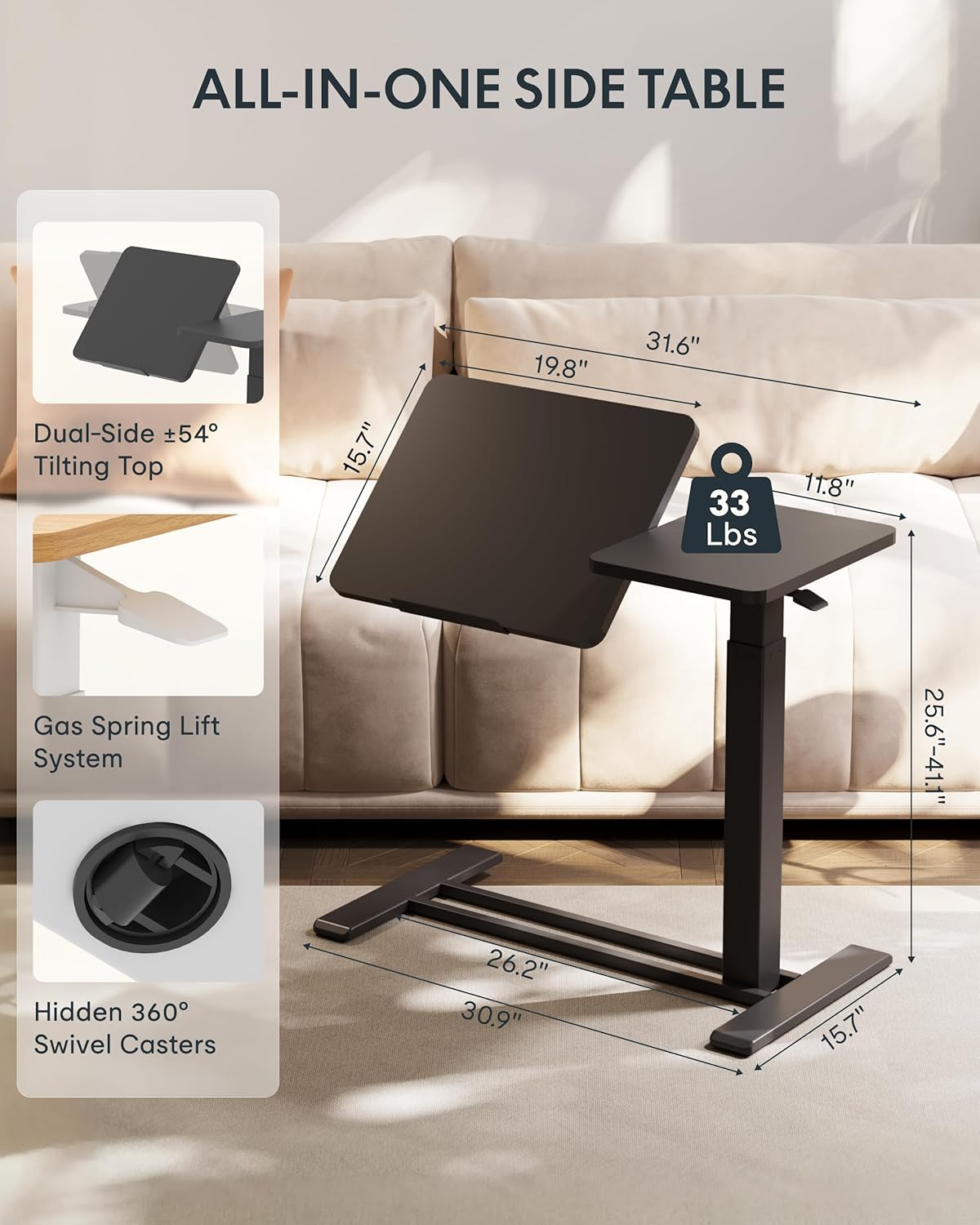 FLEXISPOT Adjustable Height C-Shaped End Table with Split Tilting Top – Mobile Side Table for Sofa & Bedside, Slides Under Furniture, Hidden Wheels for Small Spaces(31.6" W x 15.7" D,Black)