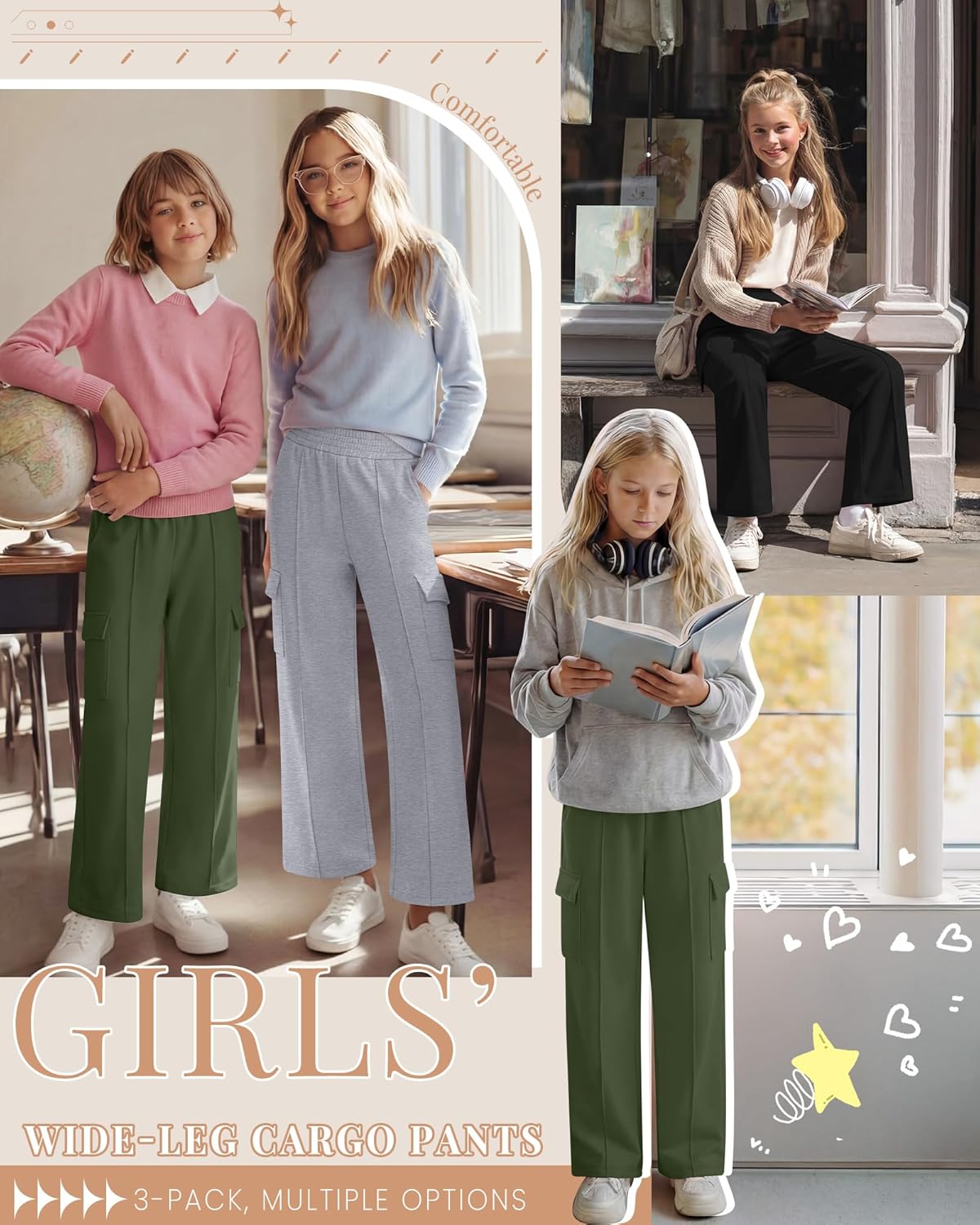 3 Pack Girls Wide Leg Sweatpants Cargo Pants High Waisted Baggy Causal Loose Kids Elastic Waistband Pants Joggers - Image 5