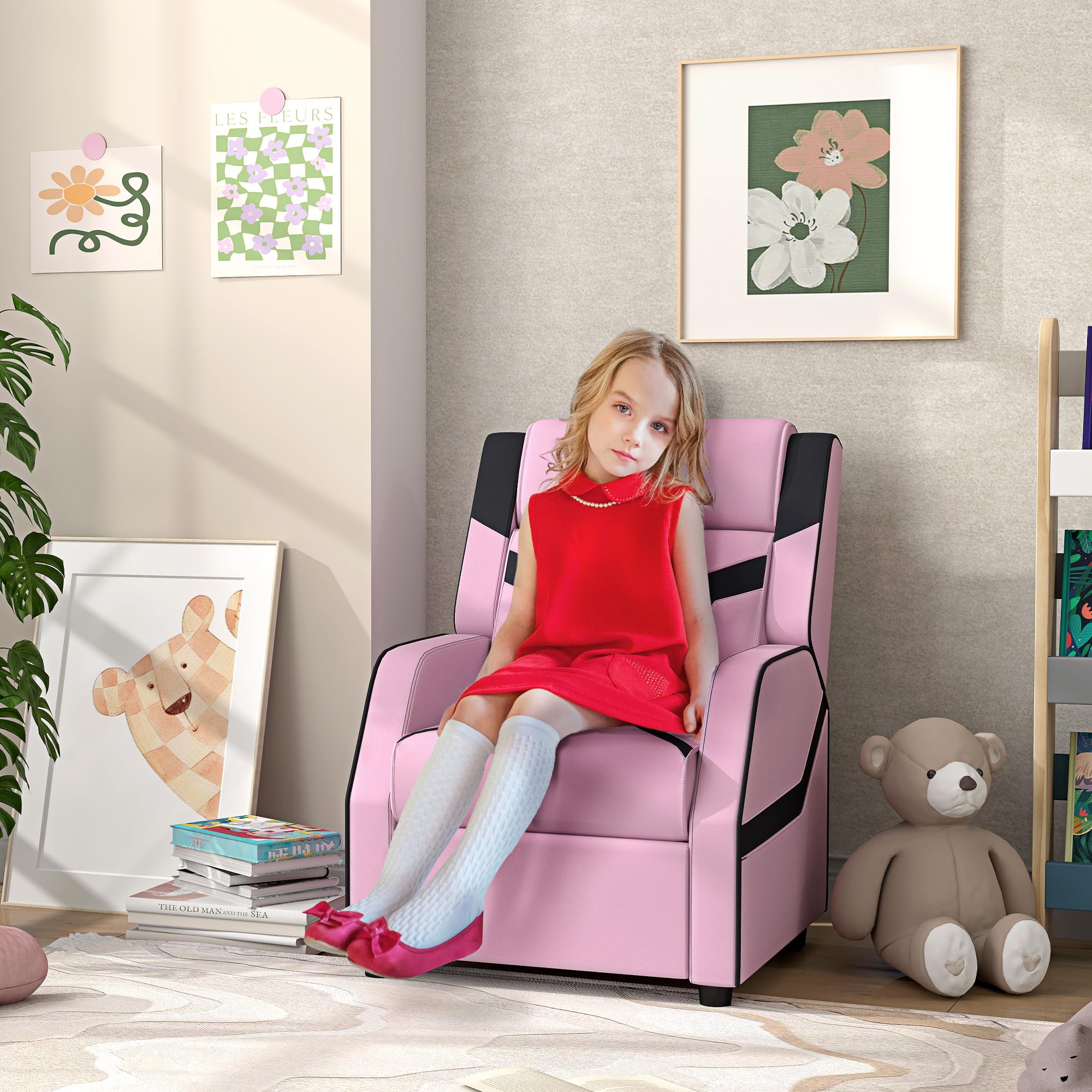 AIYAPLAY Sillón reclinable para niños, 2 en 1 Sillón reclinable para juegos de niños con respaldo, reposabrazos, reposapiés, de salón de cuero de PU para sala de juegos, dormitorio, habitación