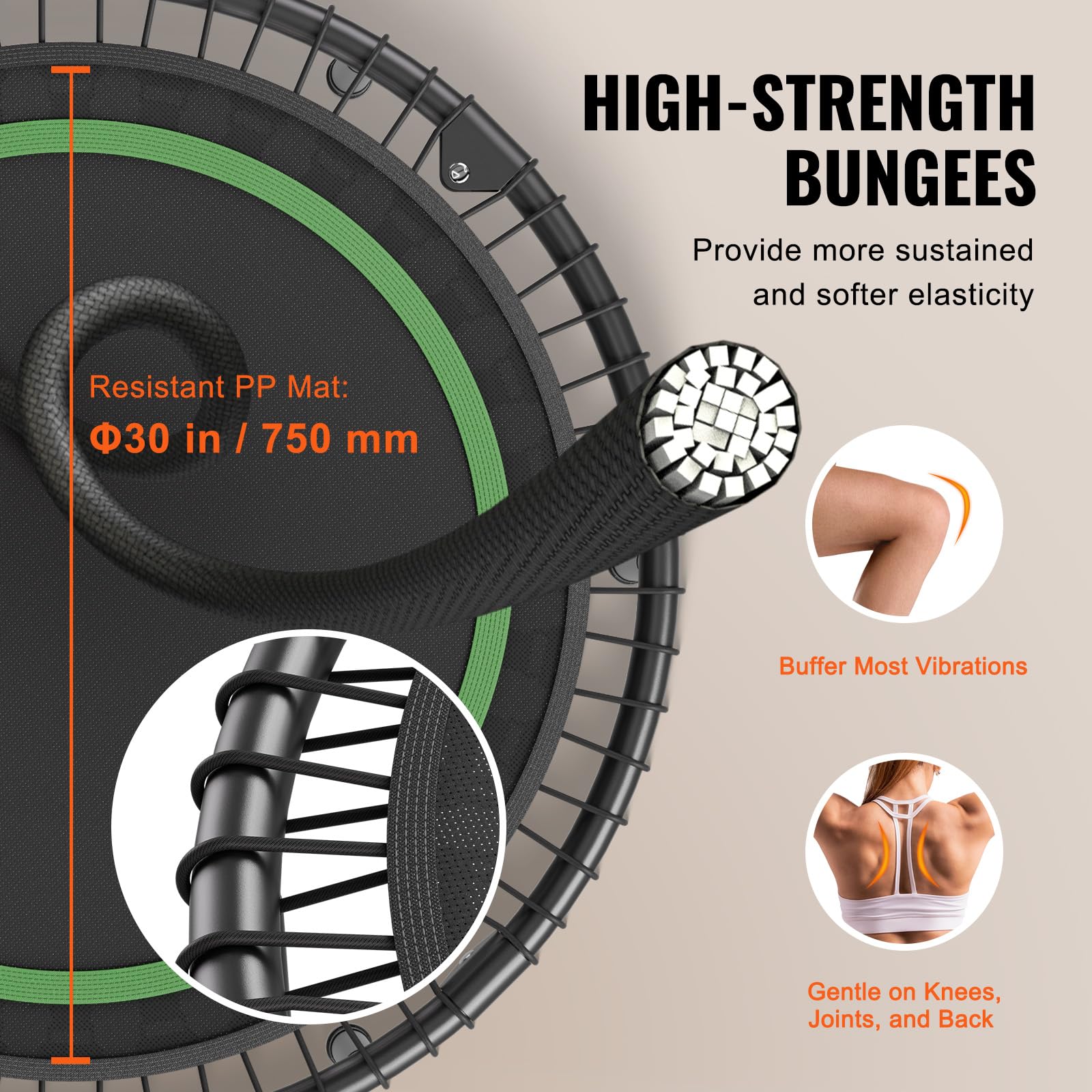 VEVOR Mini Trampoline Pliable, 1027 mm, Fitness rebounder, Charge Max. 150 kg, Stable et Silencieux avec poignée en Mousse réglable en Hauteur à 4 Niveaux, pour entraînement intérieur/Jardin Adultes