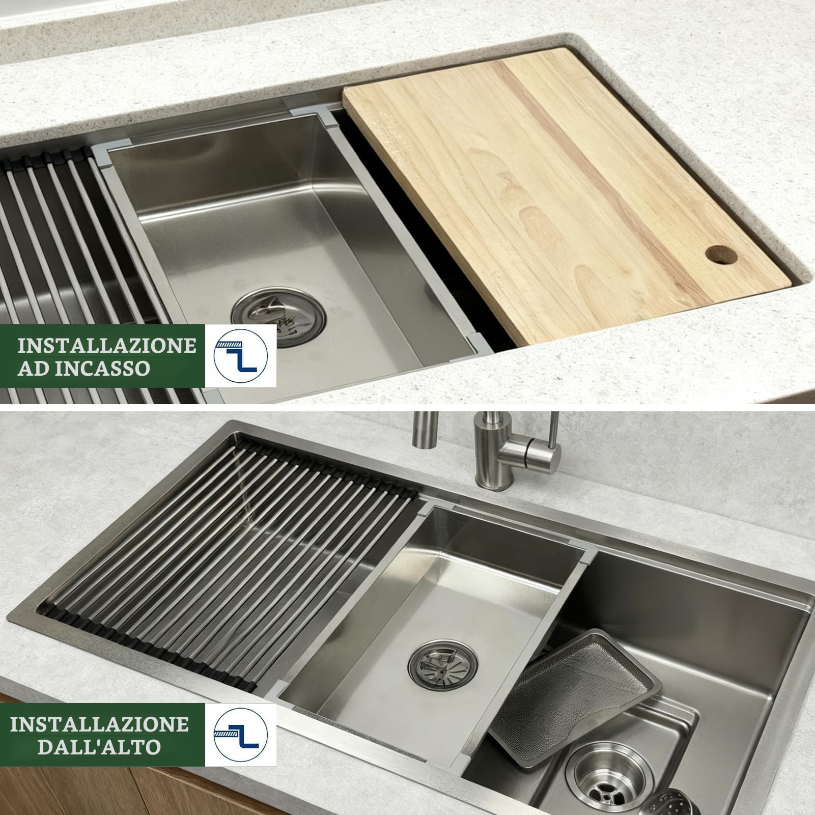 Lavello da cucina rettangolare 90 x 50 cm, in acciaio inox 304, 1 lavandino da incasso, con lavello interno di ricambio e tagliere, lavabo, moderno lavello in acciaio inox con scolapiatti e sifone