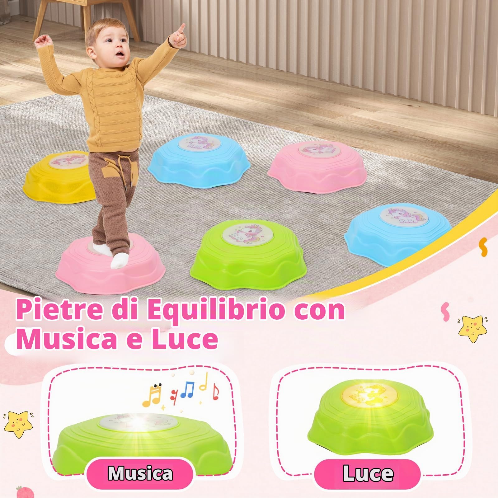 Pietre di Bilanciamento per Bambini con Luci e Musica, 6 Pietre Sensoriali di Equilibrio Impilabili Antiscivolo, Percorsi Psicomotricità Ostacoli Interni ed Esterni, Promuove l'equilibrio e Motricità