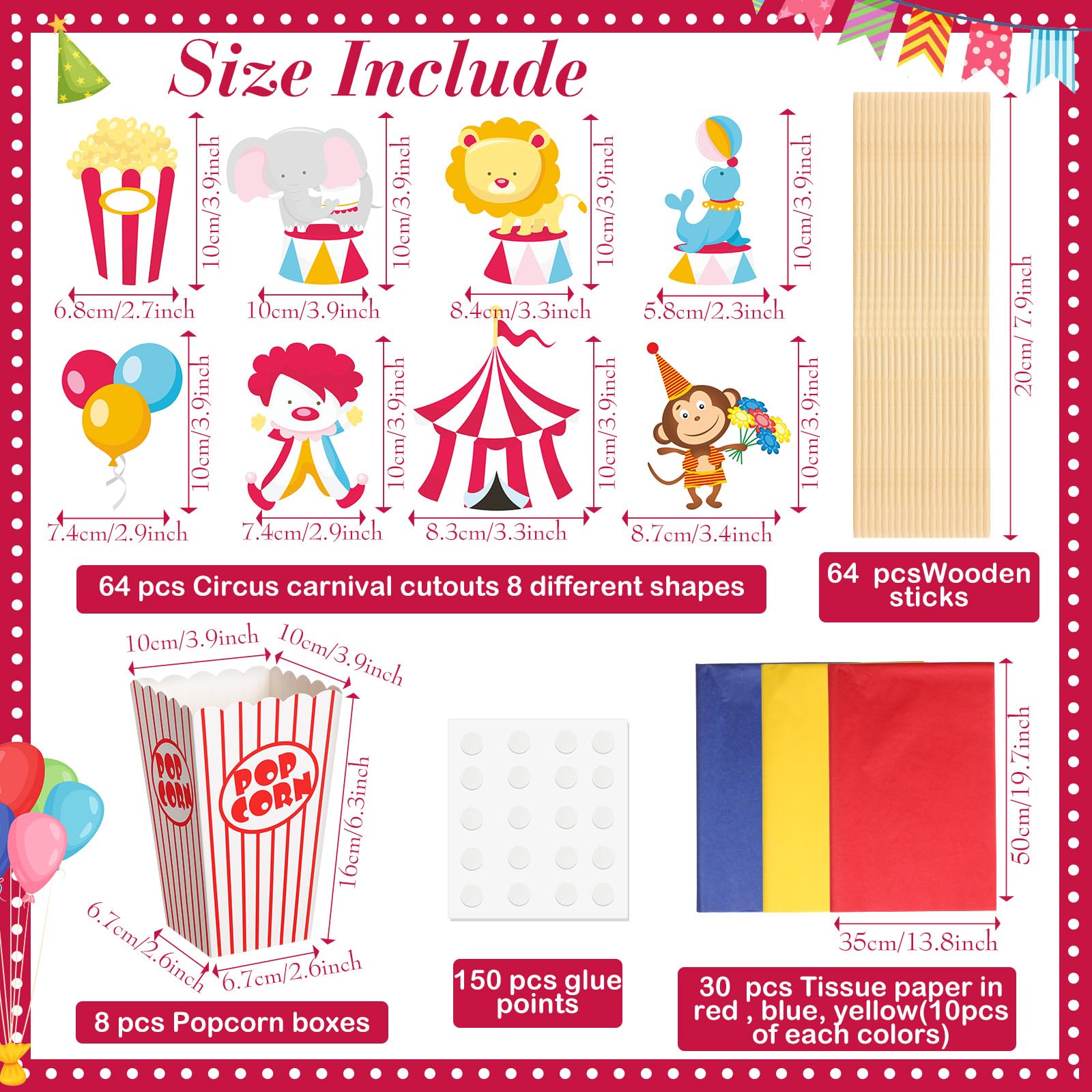 12 juegos de centros de mesa de fiesta de carnaval de circo, decoración de mesa temática de circo con caja de palomitas de maíz, recortes y palos para fiesta de carnaval, suministros de