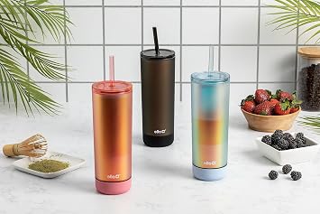 Ello Monterey 24oz Plastic Tumbler with Straw and Built-in Silicone Coaster, Premium Double Walled Insulation, Reusable Cup Perfect for Iced Coffee, BPA Free, Blue