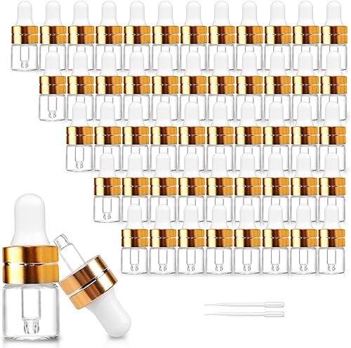 Paquete de 50 botellas cuentagotas de vidrio transparente de 0.0 fl oz con 2 cuentagotas de plástico, mini botellas cuentagotas de muestra para