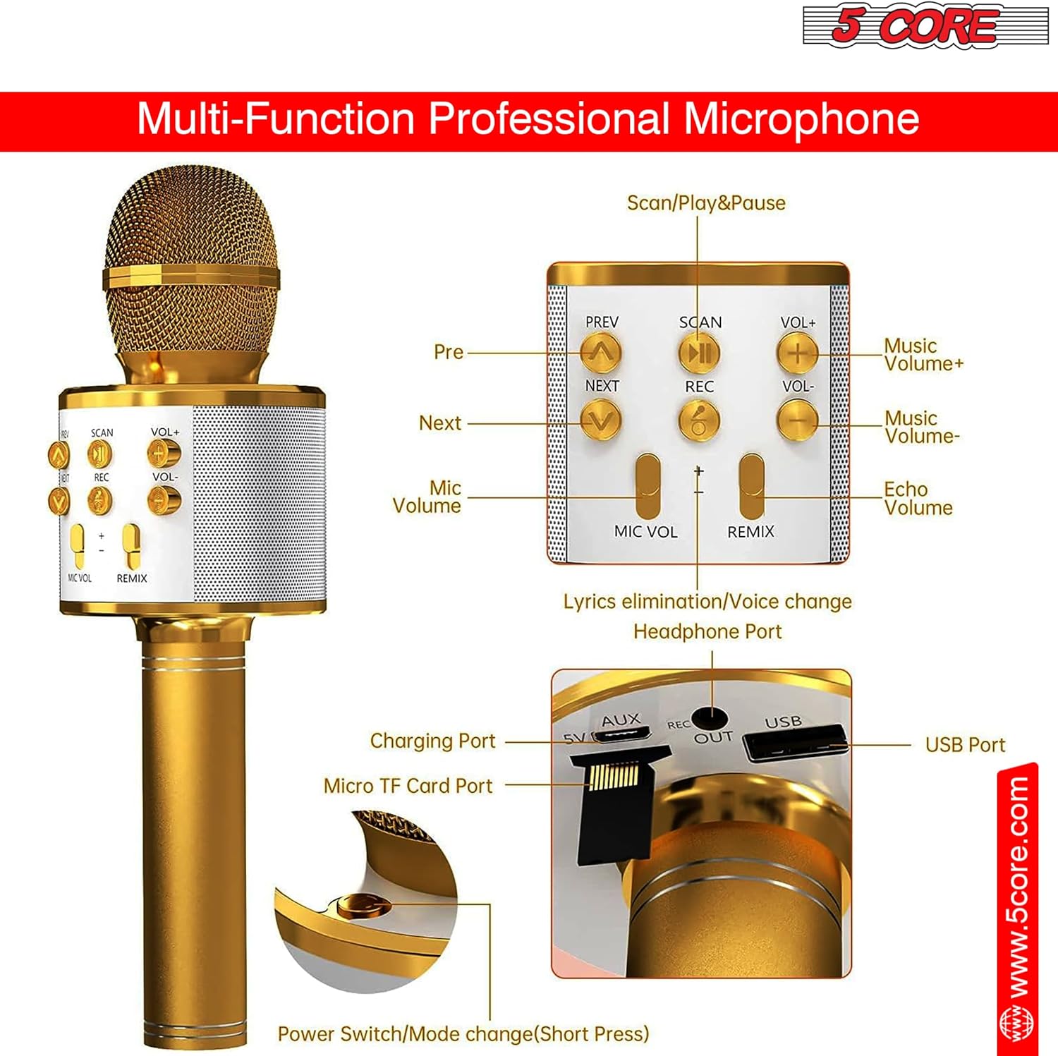 5 CORE Wireless Karaoke Microphone Pair Built-in Speaker 3-in-1 Portable Bluetooth Mic System with Recording USB & AUX - WM SPK Copper+GLD
