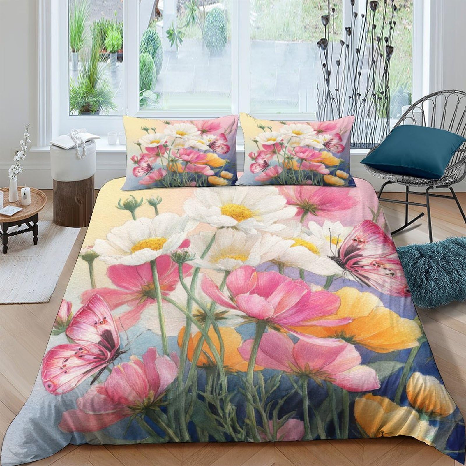 Ctjqhvkz Style-6 3D Printed Watercolor Flower Fitted Sheet Microfiber Soft Pink Yellow Wildflower Mattress Cover Bedroom Decor Single（135X200cm）