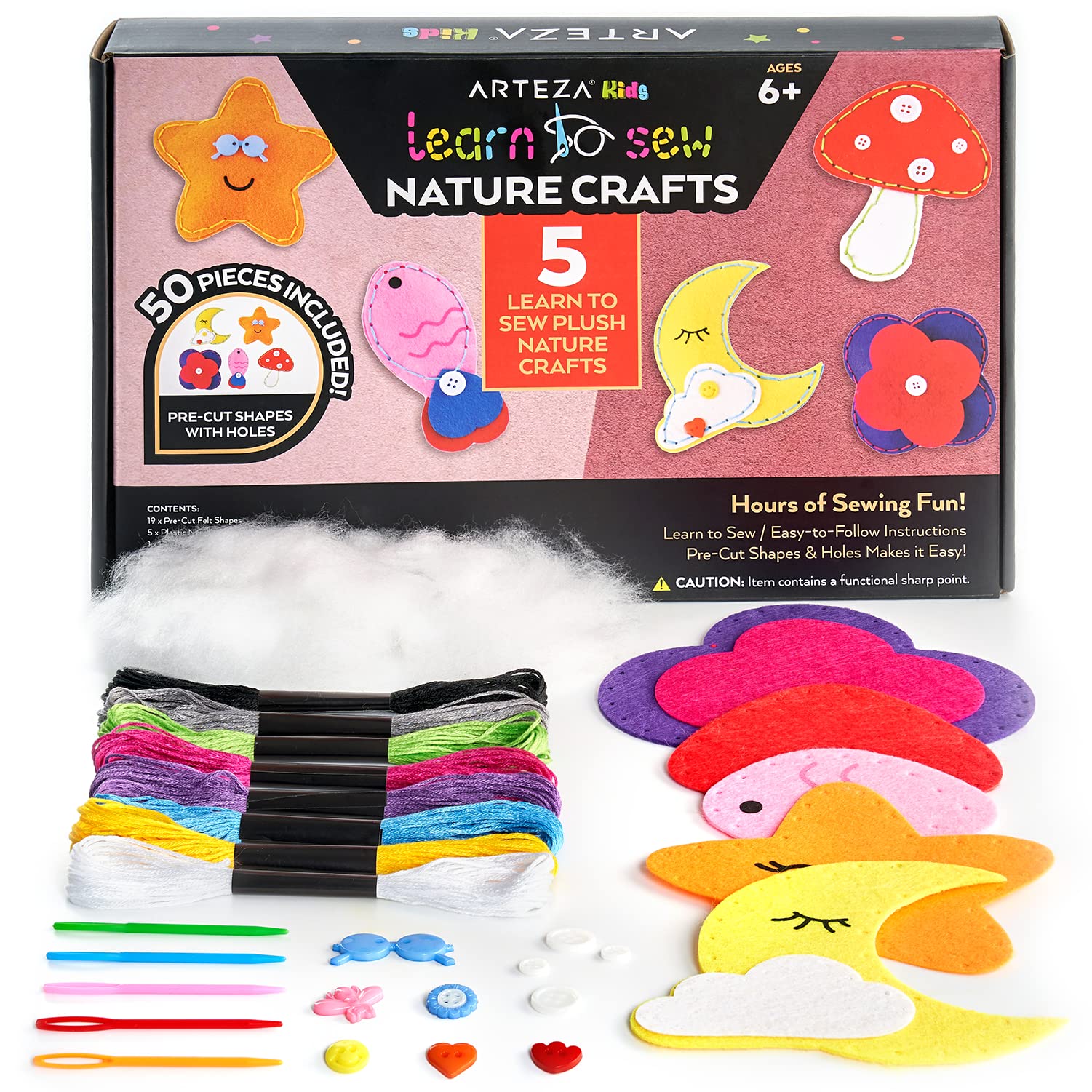 Arteza Kids Hand Sewing Kit, 5 Learn to Sew Plush Nature Crafts, 50 Pieces, Pre-Cut Felt Shapes, Plastic Needles, Plush Fill, Buttons, and Thread, Kids’ Craft Supplies with Instruction Guide