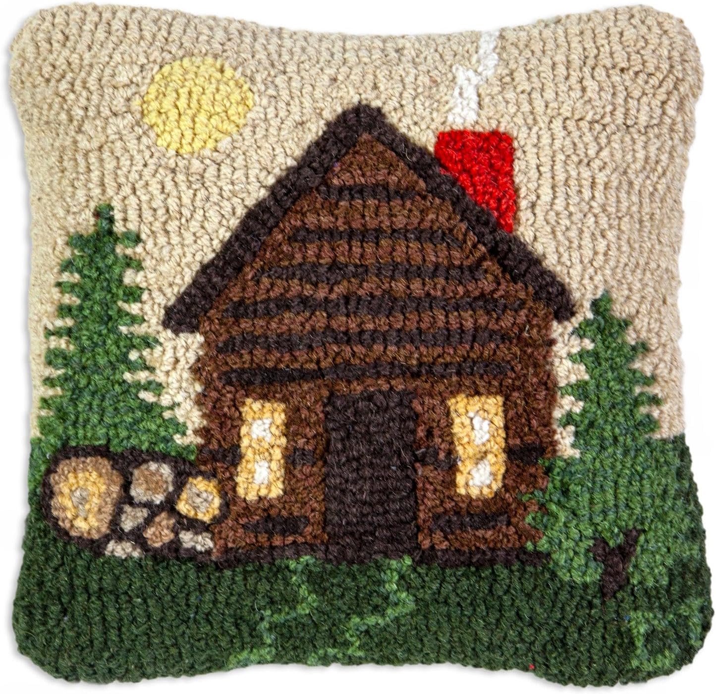 Chandler 4 Corners Artist-Designed Rocky Hill Cabin Hand-Hooked Wool Decorative Throw Pillow (14 in x 14 in) Lake & Lodge Pillow for Couches & Beds - Low Maintenance - Lake House Cabin Home Décor