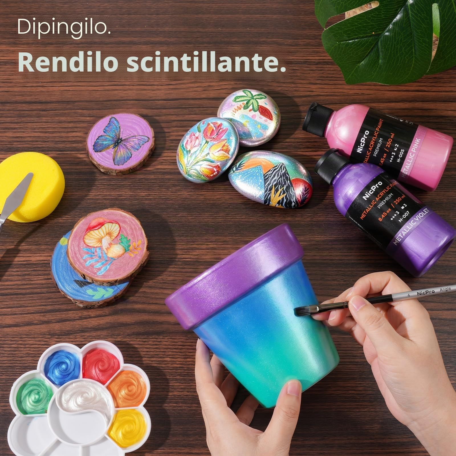 Nicpro colori acrilici metallizzati (20× 250 ml), 20 colori grandi di colori acrilici, forniture per pittura artistica non tossiche per tele multisuperficie, roccia, legno, pelle, pietra, tela