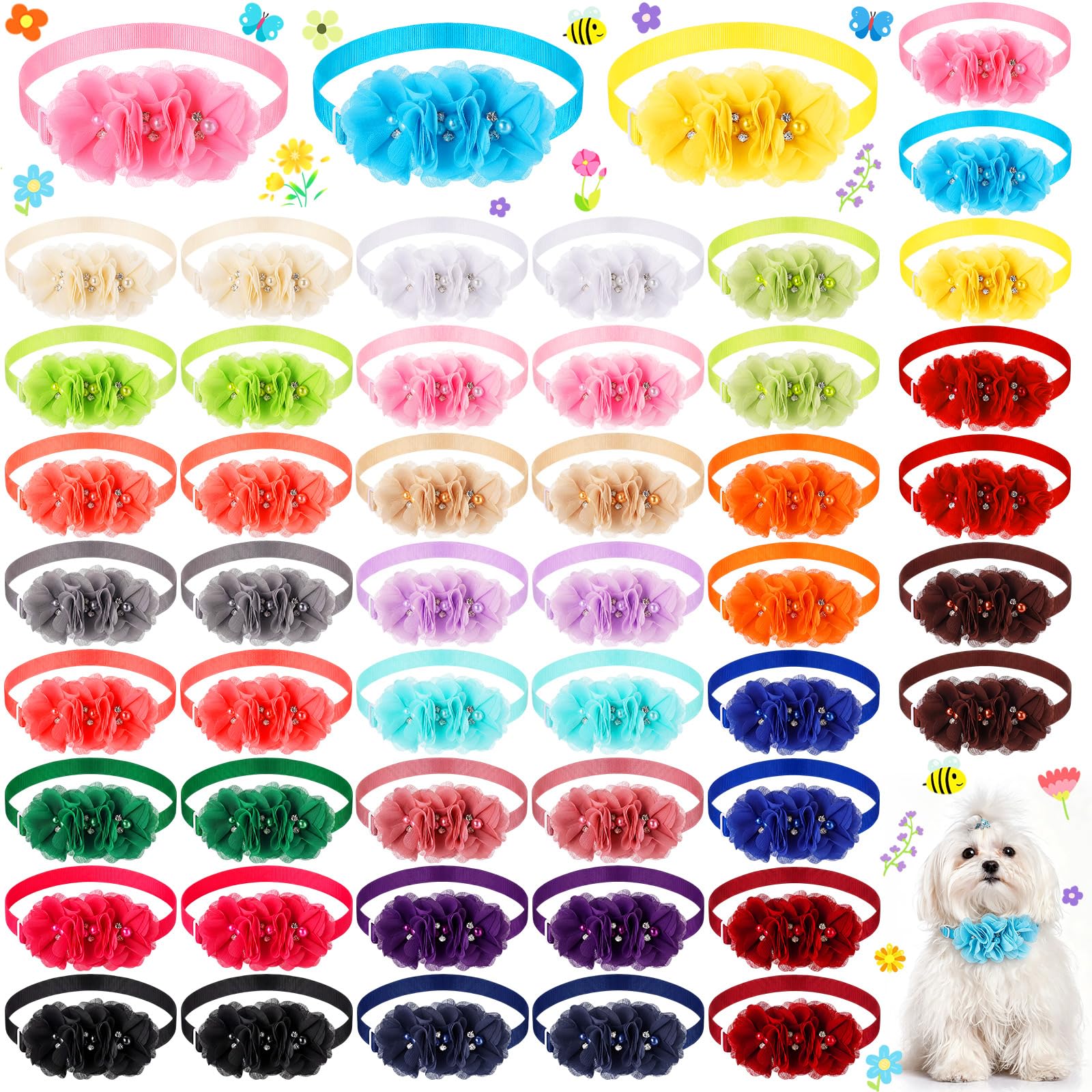 Huhumy Hundehalsband, Blumen, verschiedene Farben, 3 Blumen, mit Strass-Perlen, verstellbare Fliege für kleine, mittelgroße Hunde, Katzen, Partyzubehör, 50 Stück