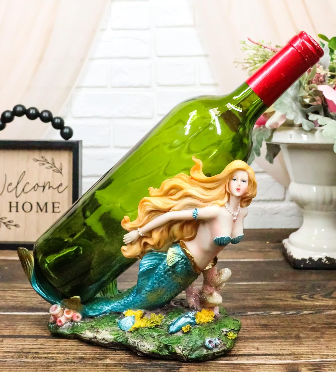 Ebros Nautical Coastal Beach Colorful Blonde Mermaid with Shimmering Blue Tail Swimming by Corals Wine Holder Display Figurine Resin Sea Siren Kitchen Decor Party Centerpiece Ocean Reef Nymph Statue