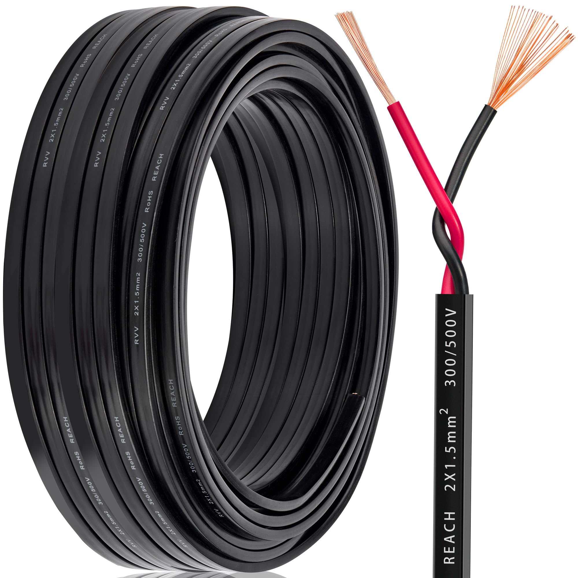 Cable de Remolque 2 Núcleos 1.5mm², 20M Cable Plano Eléctrico de Cobre 2 Polos 12V/24V, Alargador Flexible para Luces Led Remolque Caravana Camión, RoHS & REACH