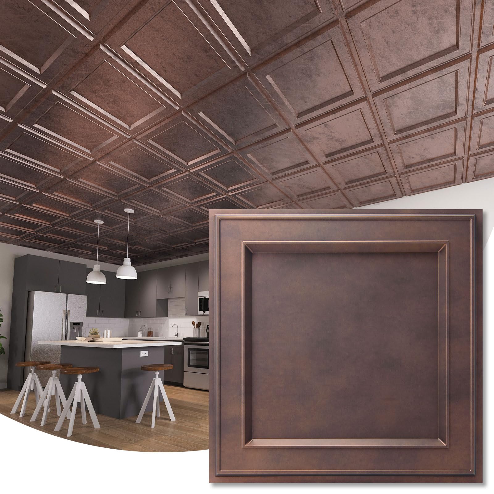 WOWSTAR 12-Pack 24"x24" Drop Ceiling Tiles, Waterproof Glue up Ceiling Panels, Vintage Style 3D Wall Panels, Antique Copper