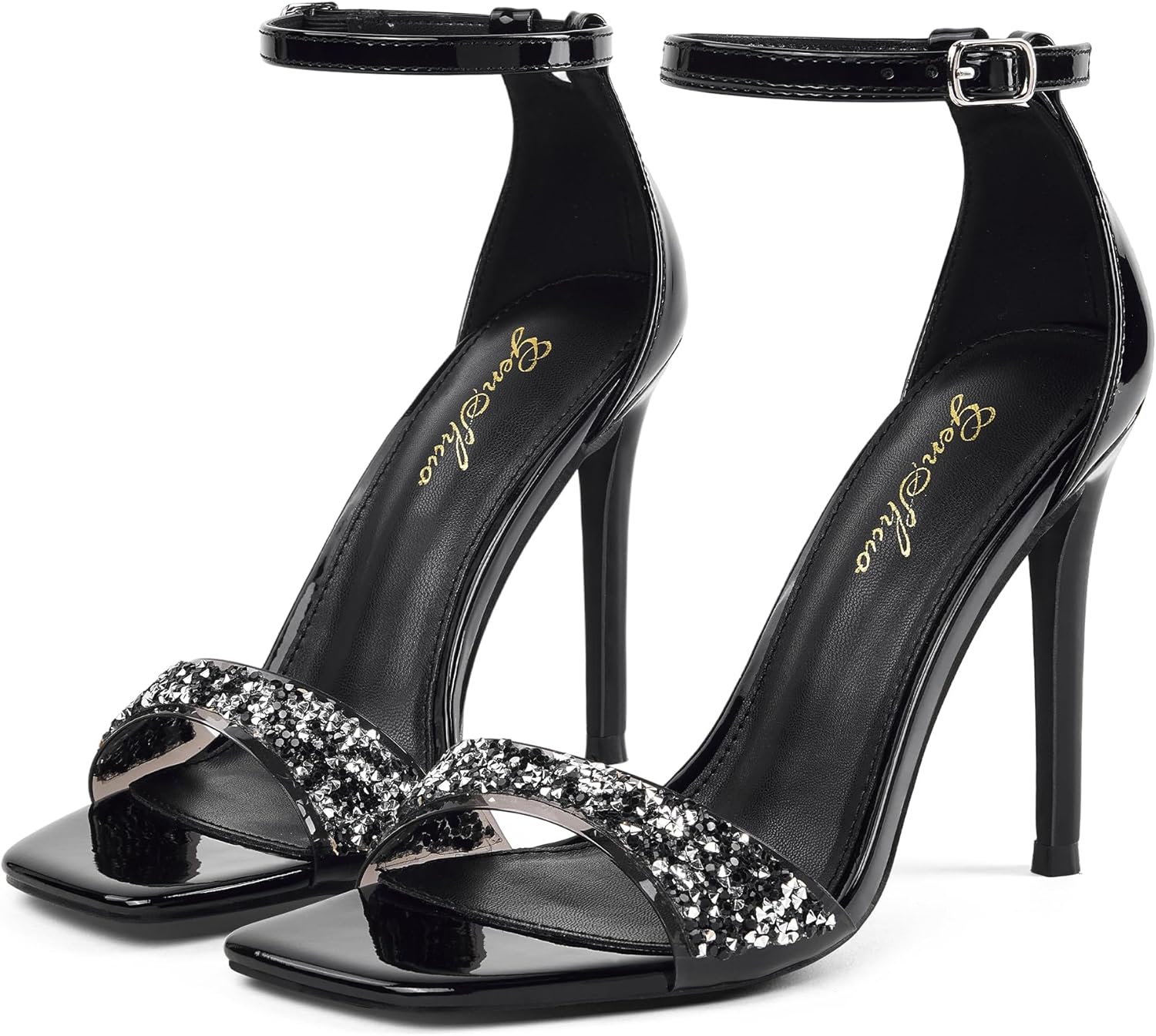 GENSHUO High Heeled Sandals for Women One Strap Heels with Square Open Toe 4 Inch Stiletto Ankle Strap Shoes Elegant Sexy Dress Wedding Party