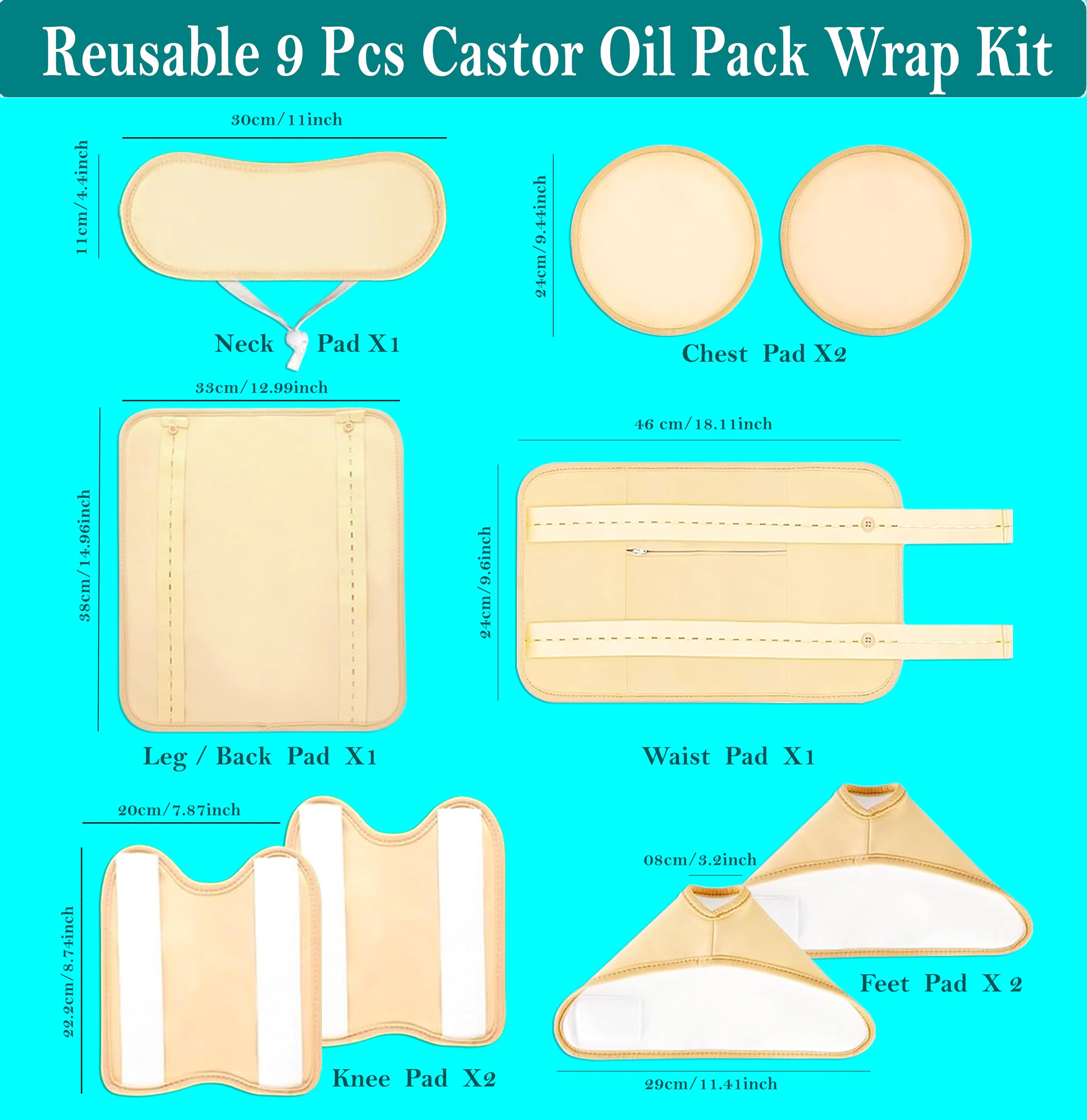 9 pcs Castor Oil Pack Wrap, Castor Oil wrap Organic Cotton for Neck, Chest, Leg, Waist, Knee, Feet pad, Reusable Pads Kit for Hot/Cold Compress, Anti Oil Leak & Waterproof