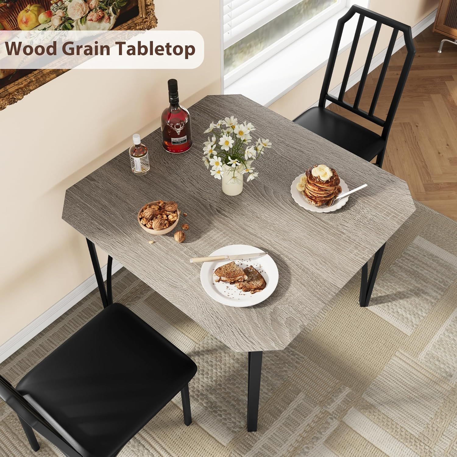 Ensemble Table à Manger 3 Pièces avec 2 Chaises Rembourrées, Métal et Bois, pour Petits Espaces