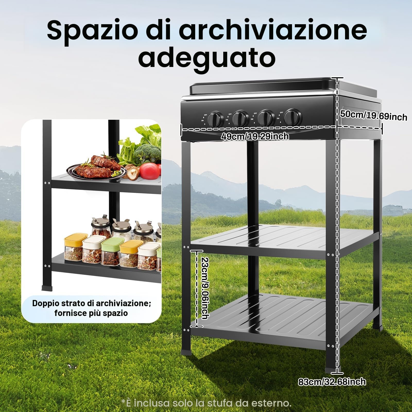 Fornello a gas 4 fuochi rettangolare NG/LPG con supporto antiscivolo nero