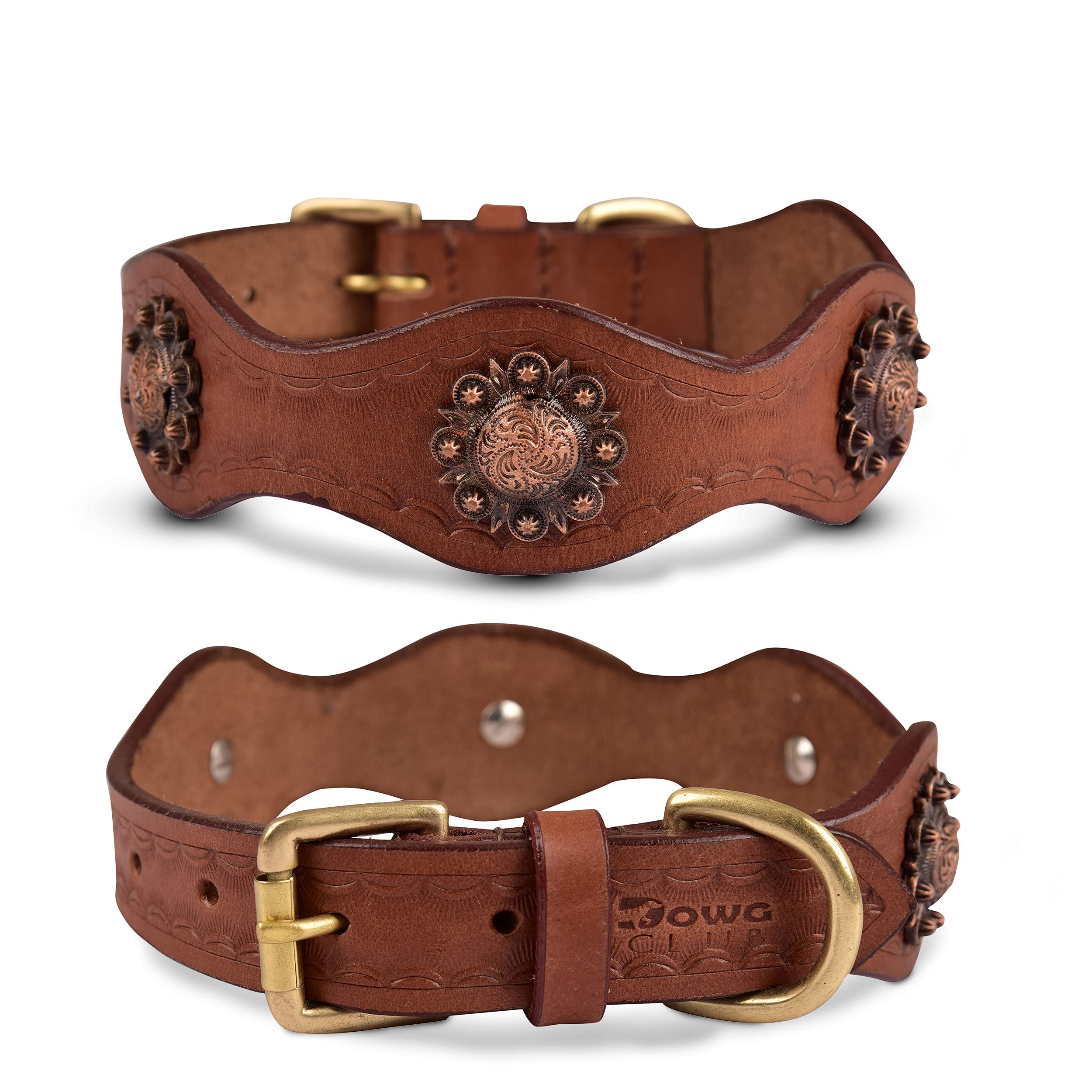 DowgClub Genuine Leather Dog Collar, Medium, Scalloped Edges, Hand Tooled