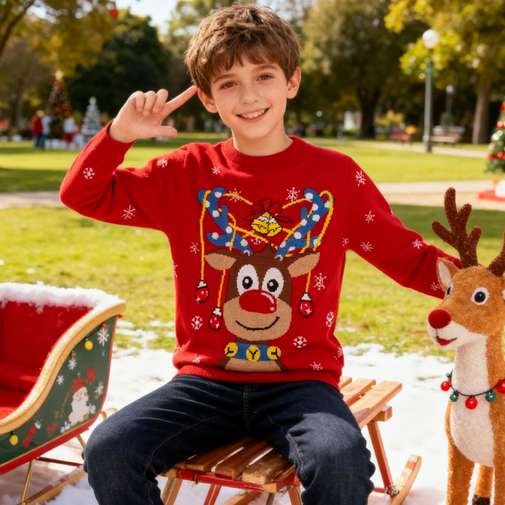 Kids4ever Pull de Noël Unisexe pour Enfants Pull en Tricot Renne Rudolph Tricot Chaud à Manches Longues Col Ras du Cou Pull de Noël en Tricot Sweat Haut d'hiver pour Garçons Filles 7-13 Ans