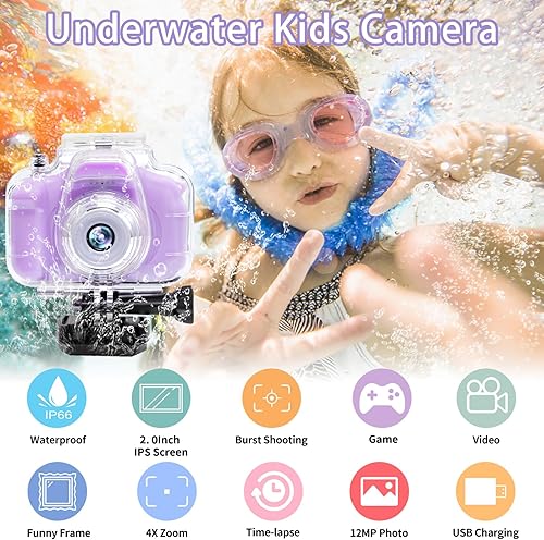 Miniatura 2 de Cámara para niños, cámara submarina impermeable para niños de 3 a 12 años, pantalla IPS de 2 pulgadas, 1080P HD, cámara de video digital para niños,