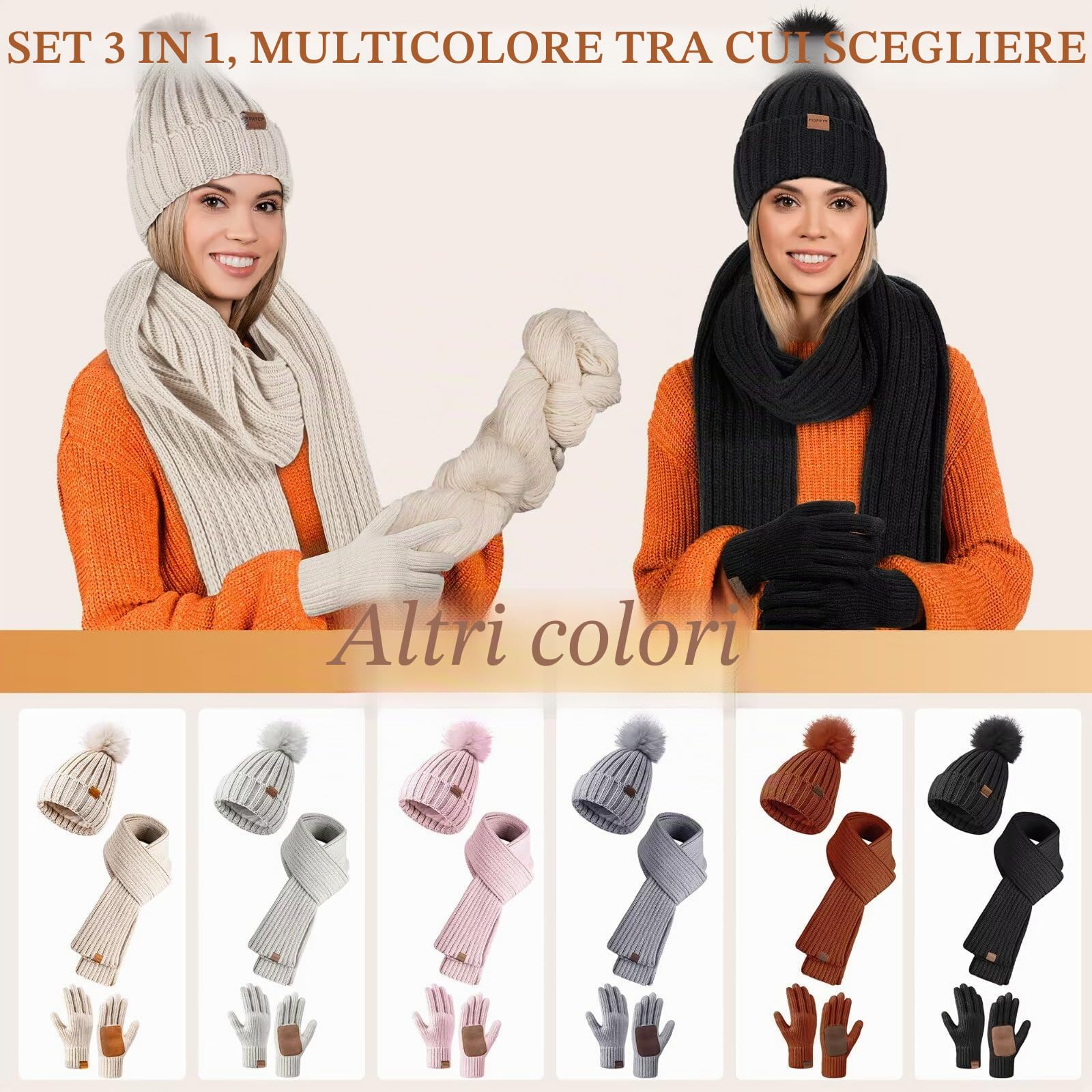FISFET Set di cappello, sciarpa e guanti per donne, berretto invernale con pompon in pile per donne, guanti touchscreen e scaldacollo, cappello 3 in 1, Taglia unica