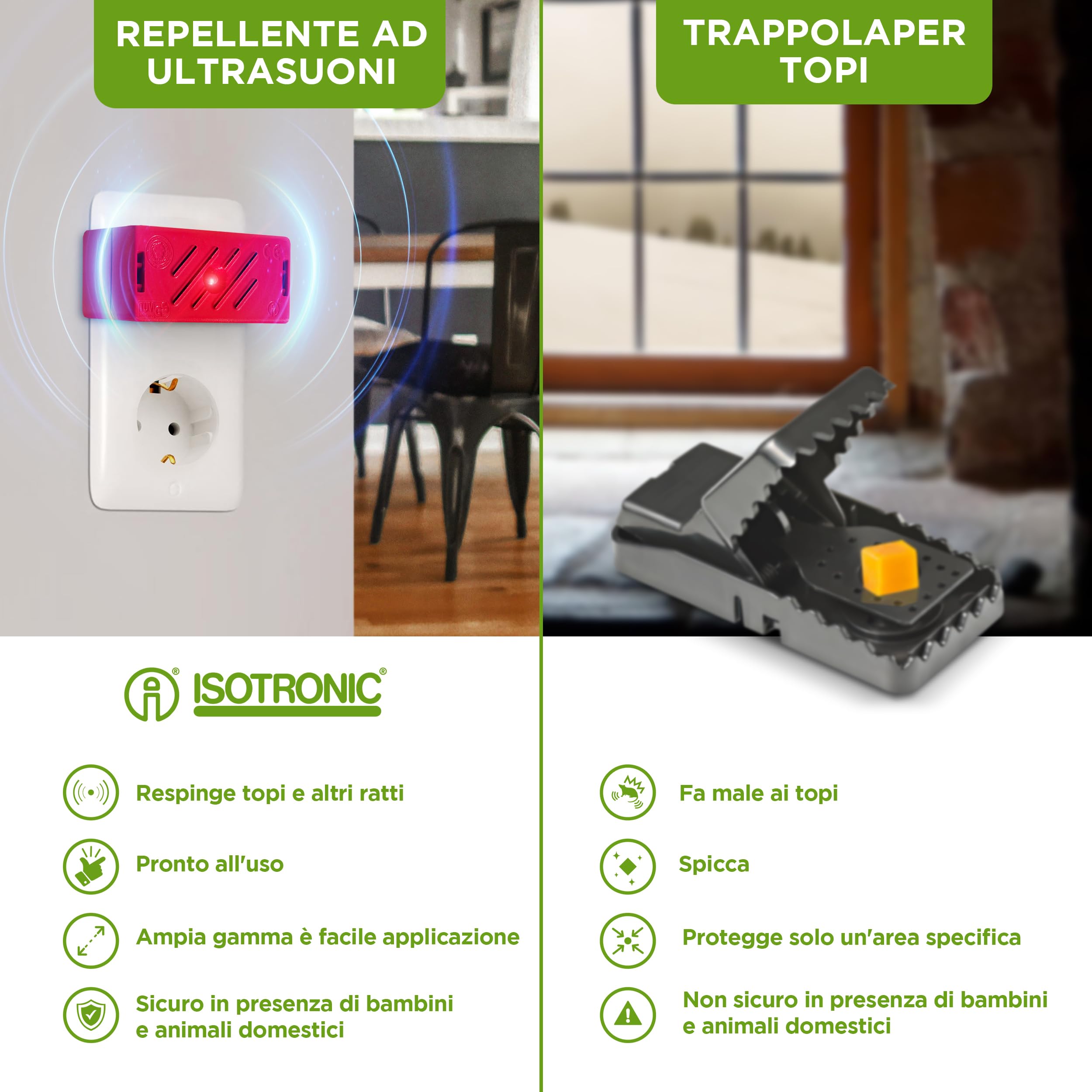 ISOTRONIC repellente topi ultrasuoni allontanare ratti parassiti soffitte cantine garage dissuasore senza veleno trappole portata 30m² 2 unità efficace interno casa protezione difesa stop mobile