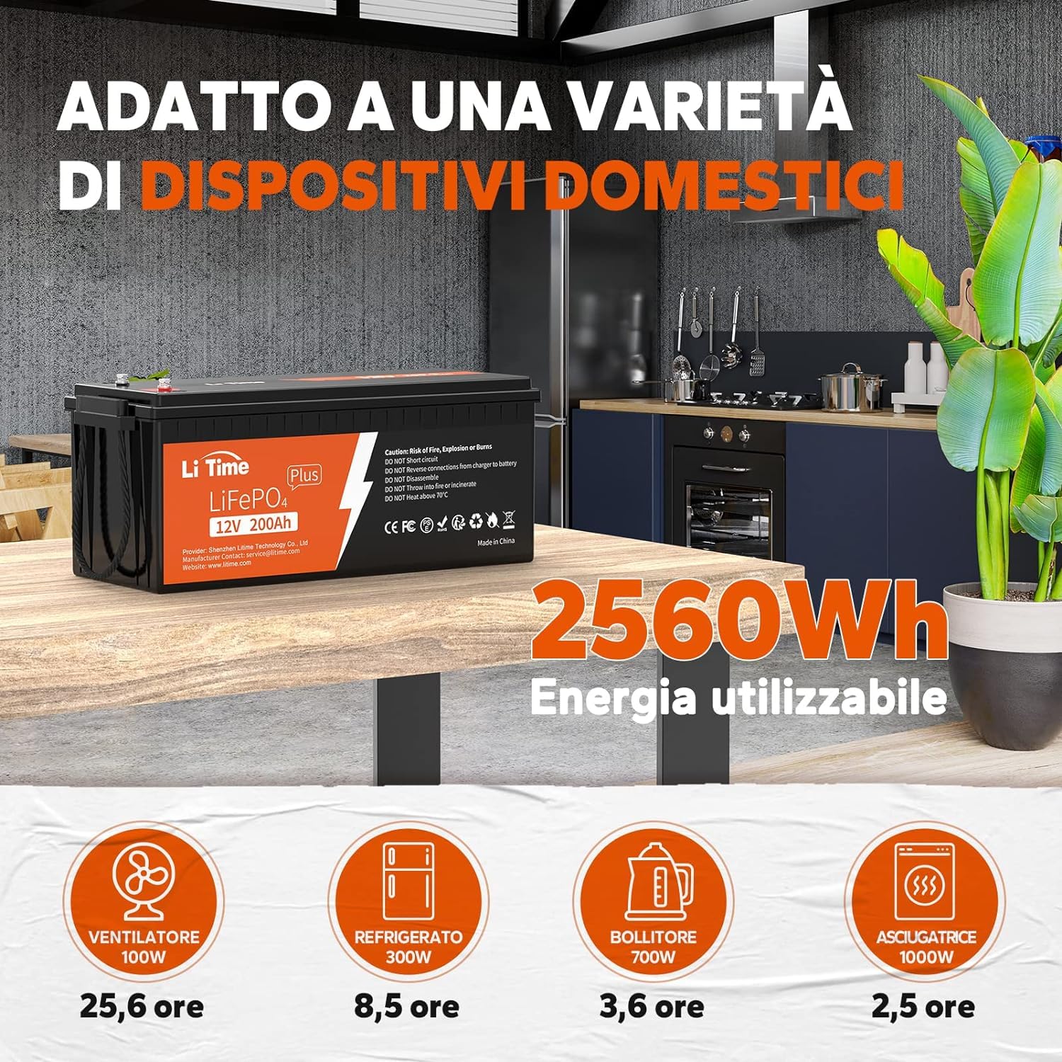 LiTime 12V 200Ah PLUS Batteria Litio, LiFePO4 Batteria Litio 12V con BMS 200A, Più Di 4000 Cicli, 10 Anni Di Durata, Batteria Lifepo4 Per Impianti Solari e Accumulo Di Energia Domestico
