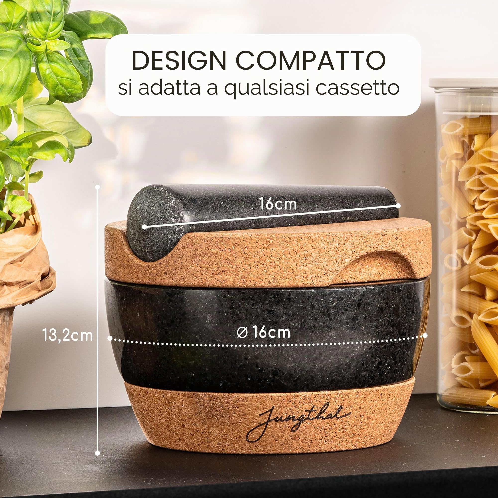 Mortaio con pestello in set | granito + sughero in design premiato | naturale, nobile e 100% antiscivolo | Ø 16 cm | mortaio di pietra per erbe e spezie | Mortar & Pestle
