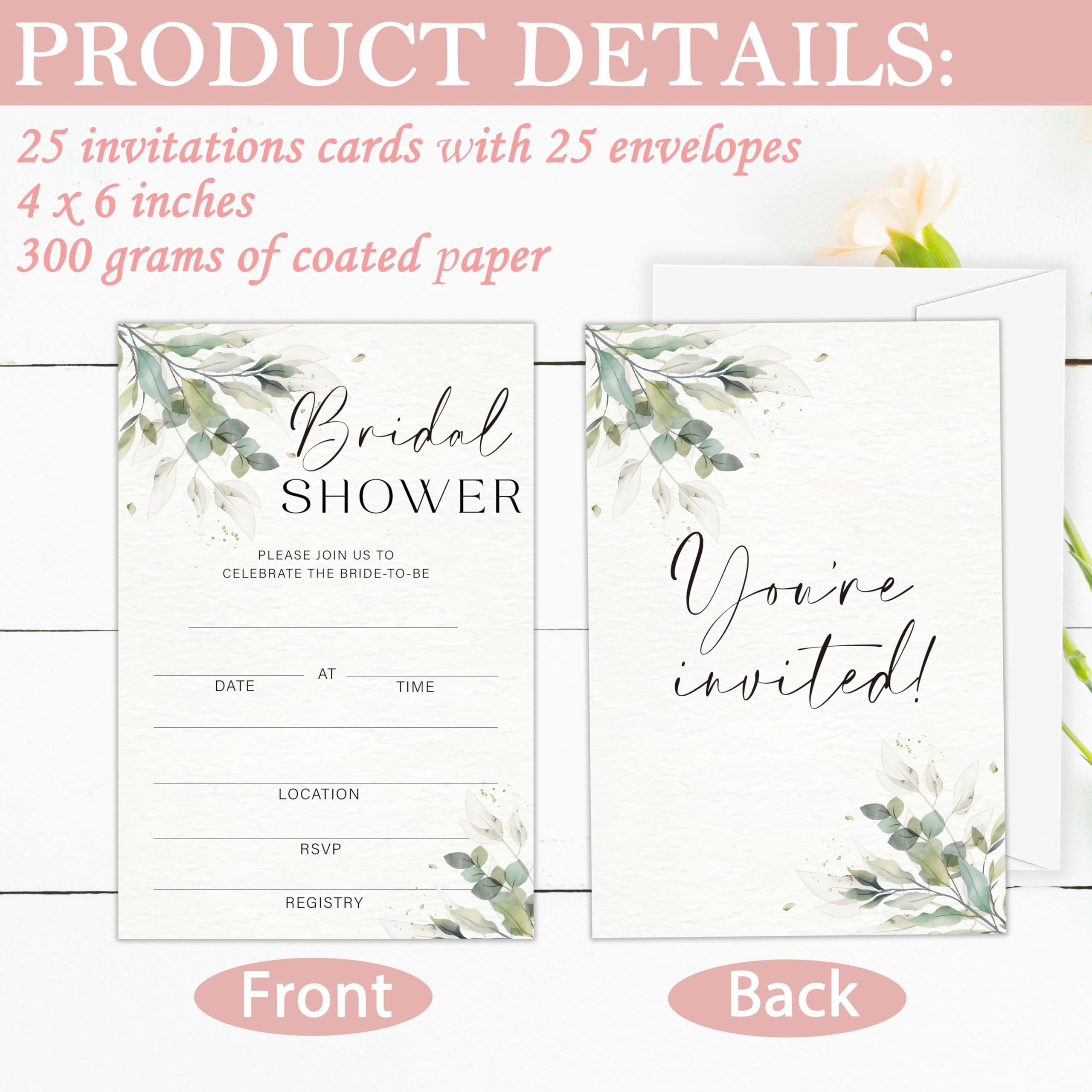 GOLRMC Greenery Bridal Shower Invitations, Set of 25 Botanical Bridal Shower Invites with Envelopes, Spring Wedding Bride to Be Invitations Party Supplies-A14