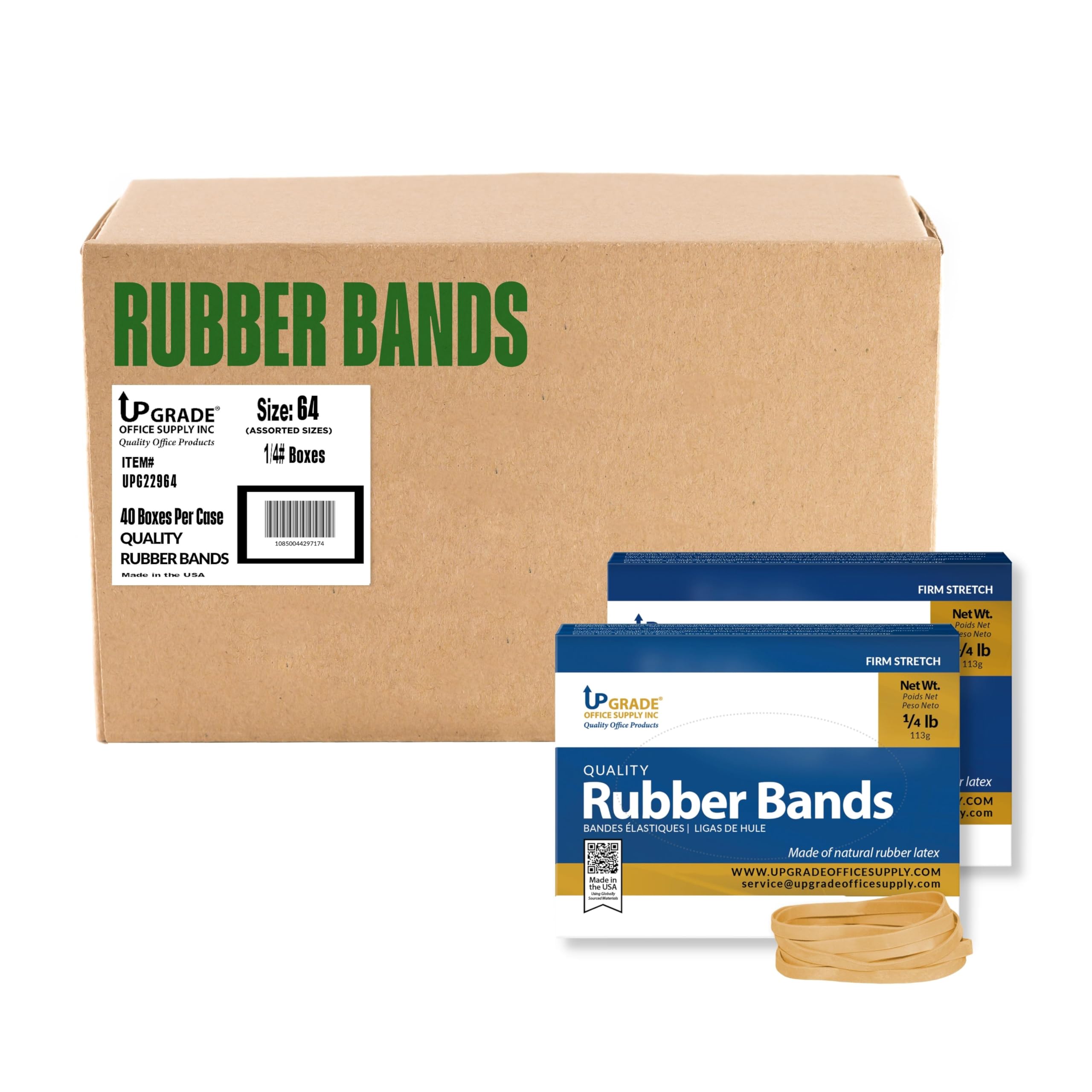 Upgrade Office Supply UPG22964CS Rubber Bands, Size #64 (3-1/2" x 1/4"), 4 oz. Boxes - 10 lb. Case (40 Boxes Total), Natural Crepe Color, Made in USA