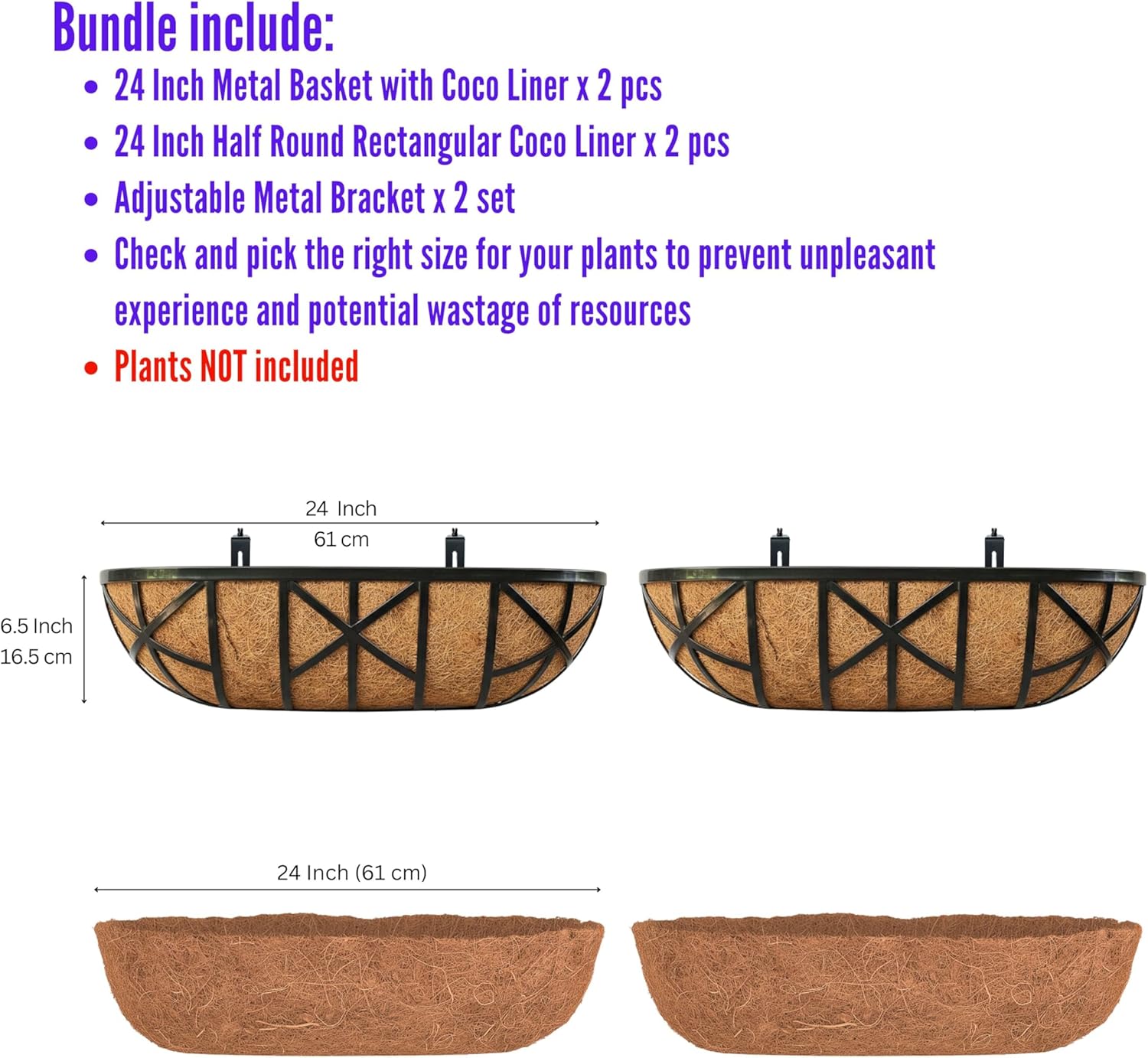 LaLaGreen Bundle- 2 Pack, 24 Inch Metal Basket with Coco Liner + 2 Pack, 24 Inch Coconut Coir Liner Insert Window Planter Boxes with Bracket Outdoor Herbs Plant Gardening Decor Pots Porch Balcony Rail