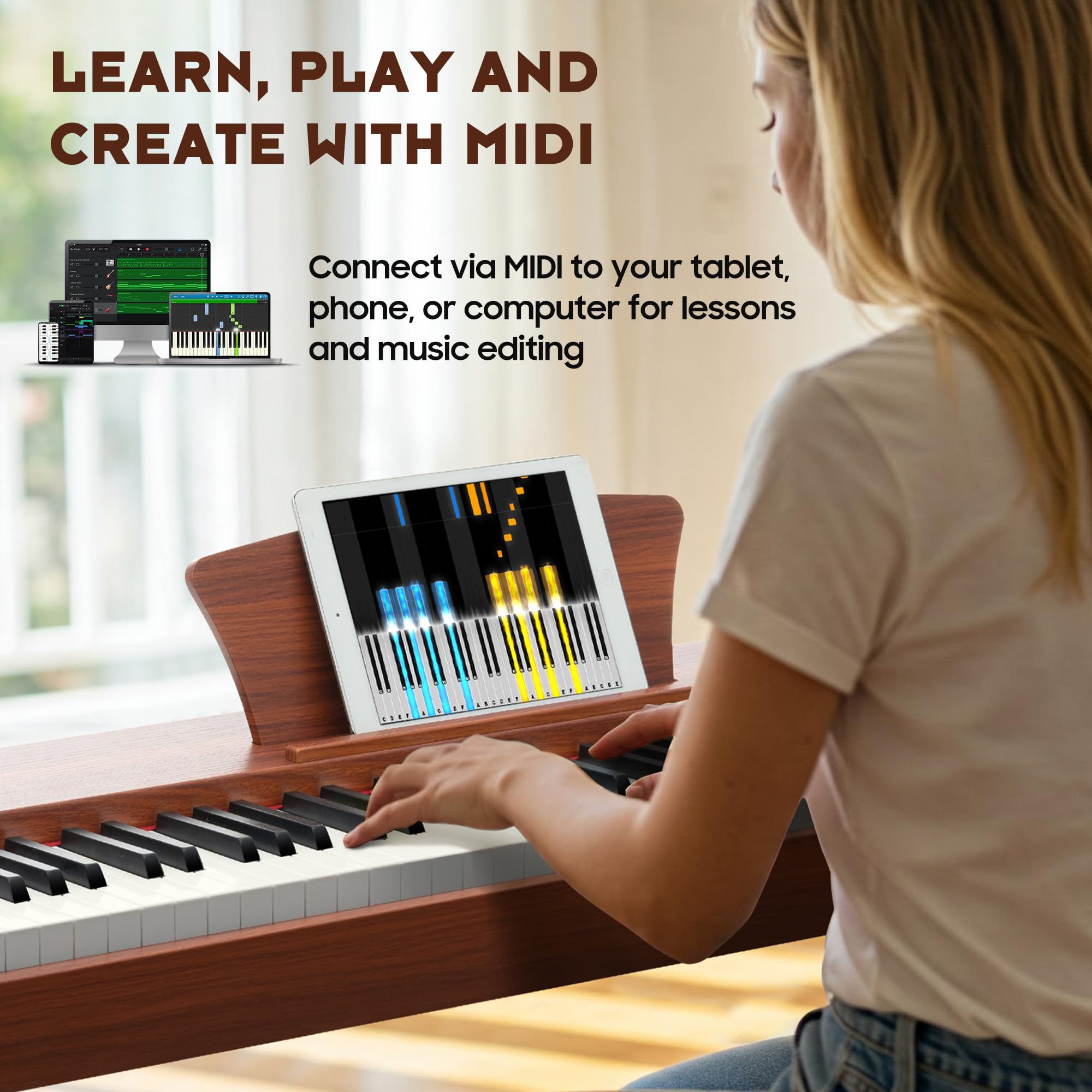 CAHAYA Pianoforte Digitale 88 Tasti – Piano Elettrico a Grandezza Naturale con Tasti Pesati, Corpo in Legno, 380 Suoni, Triplo Pedale per Principianti, Supporta USB-MIDI