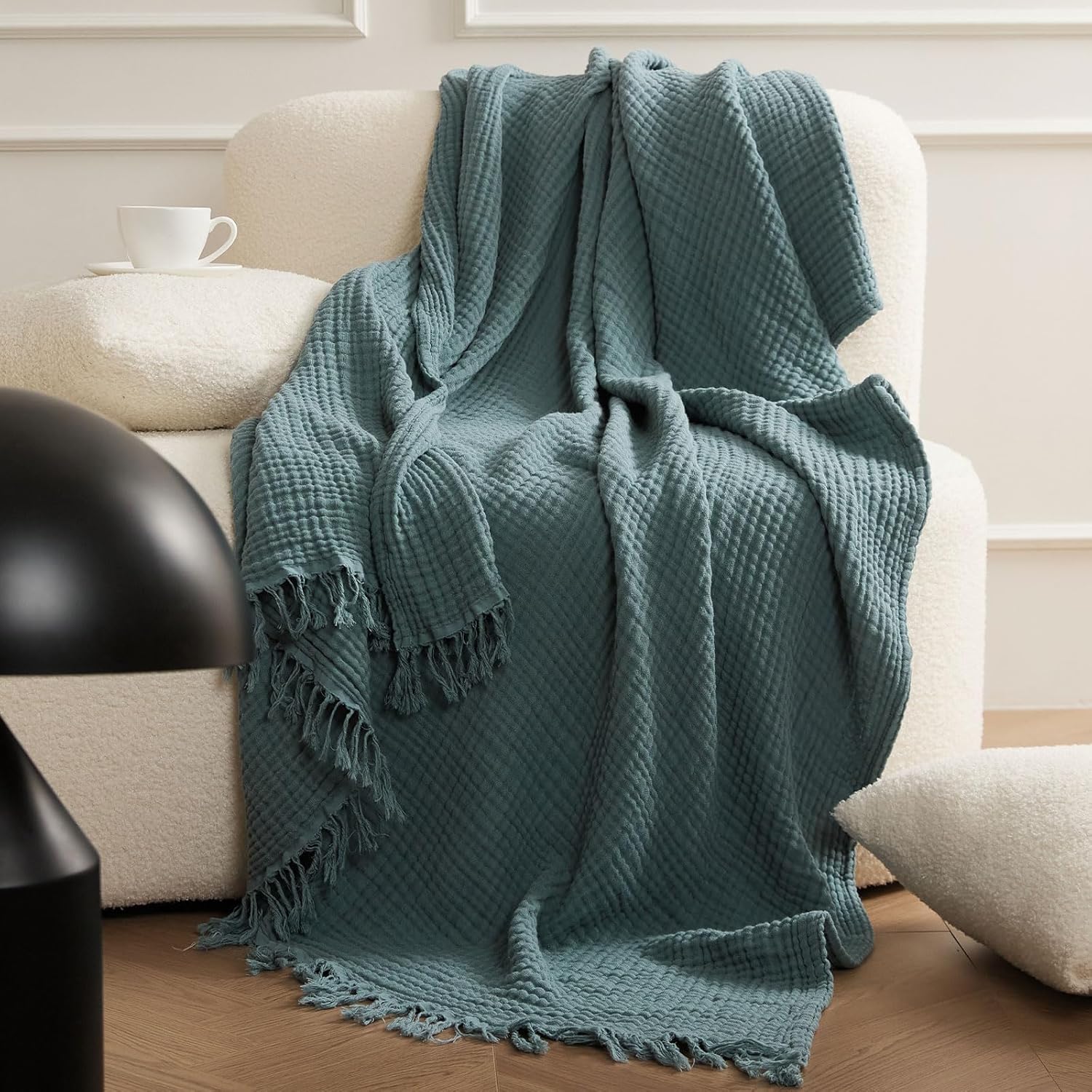 ENJOYBRIDAL Funda universal suave color azul cian, funda para sofá modular de granja bohemia con borlas, manta de futón de algodón lavado de 4