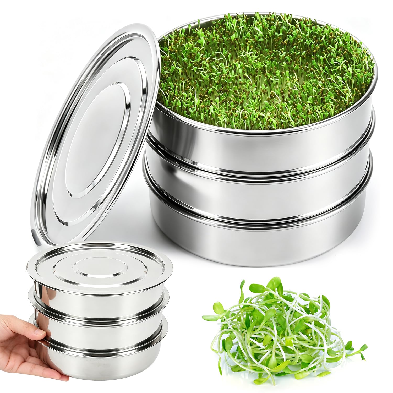 Tissting Germinatore 6.7in/17cm Kit Germinazione Acciaio Inox con Vassoio Griglia - Per Coltivazione Biologica Domestica di Fagioli Piselli Broccoli di Grano, Impilabile Multistrato (3 livelli)