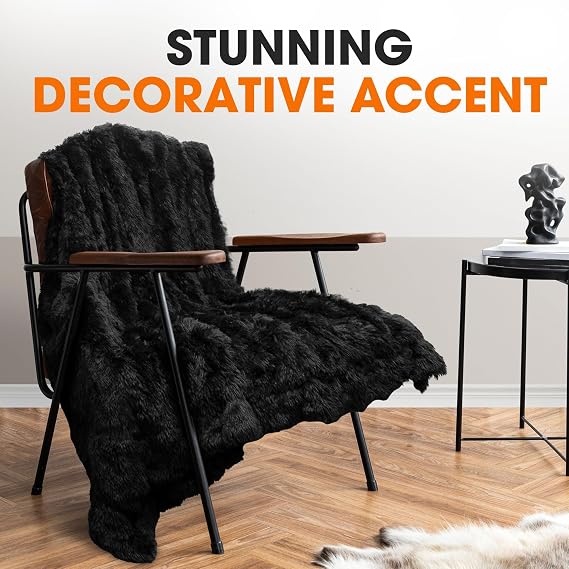 Cheer Collection Throw Blanket - Shaggy Hair Fluffy Blanket for Couch or Bed, Soft Throw Blanket, Plush Fuzzy Blanket, Decorative Super Soft Blanket, Machine Washable, 50x60, Black